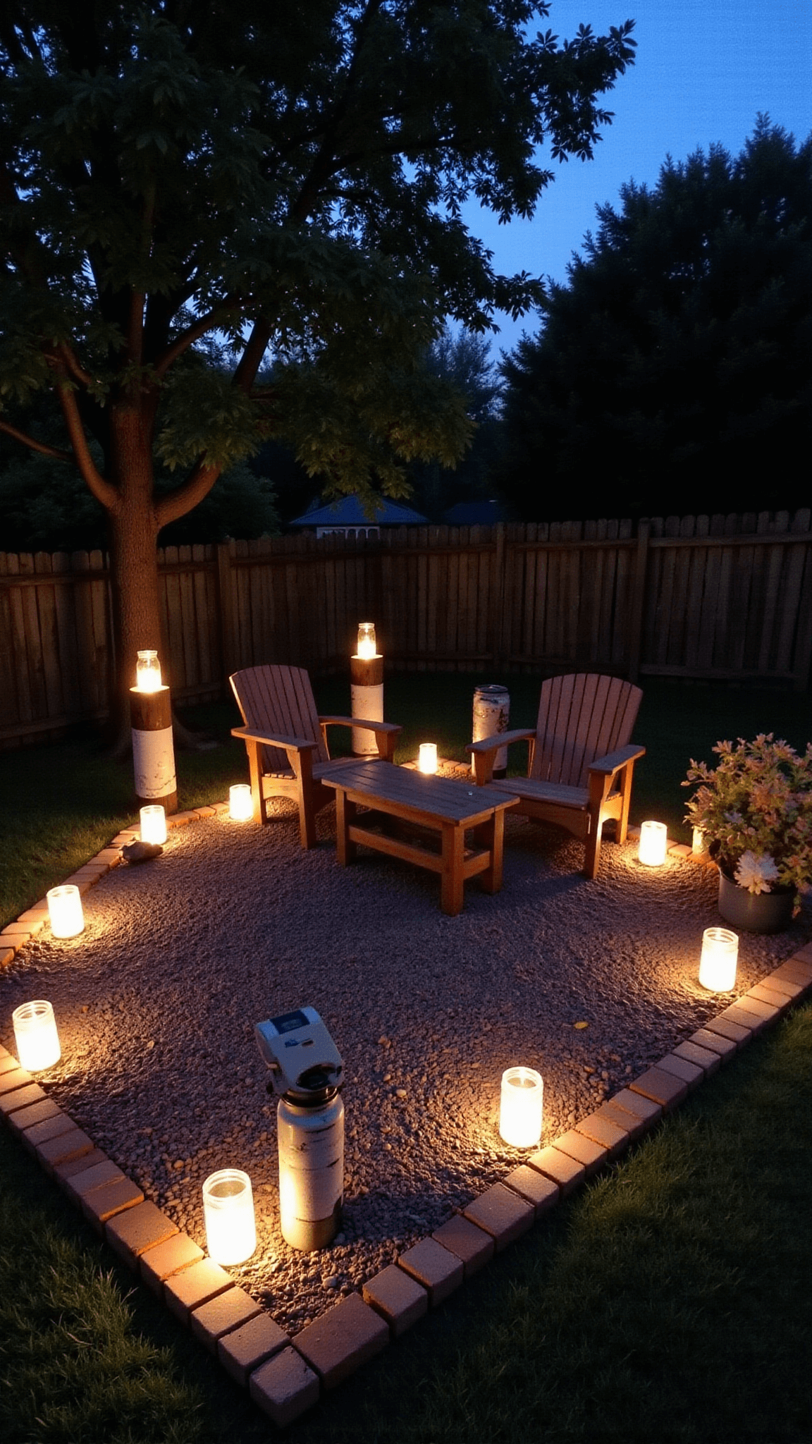 Illuminated DIY patio with mason jar lanterns, solar lights, teak furniture and brick edging at dusk.