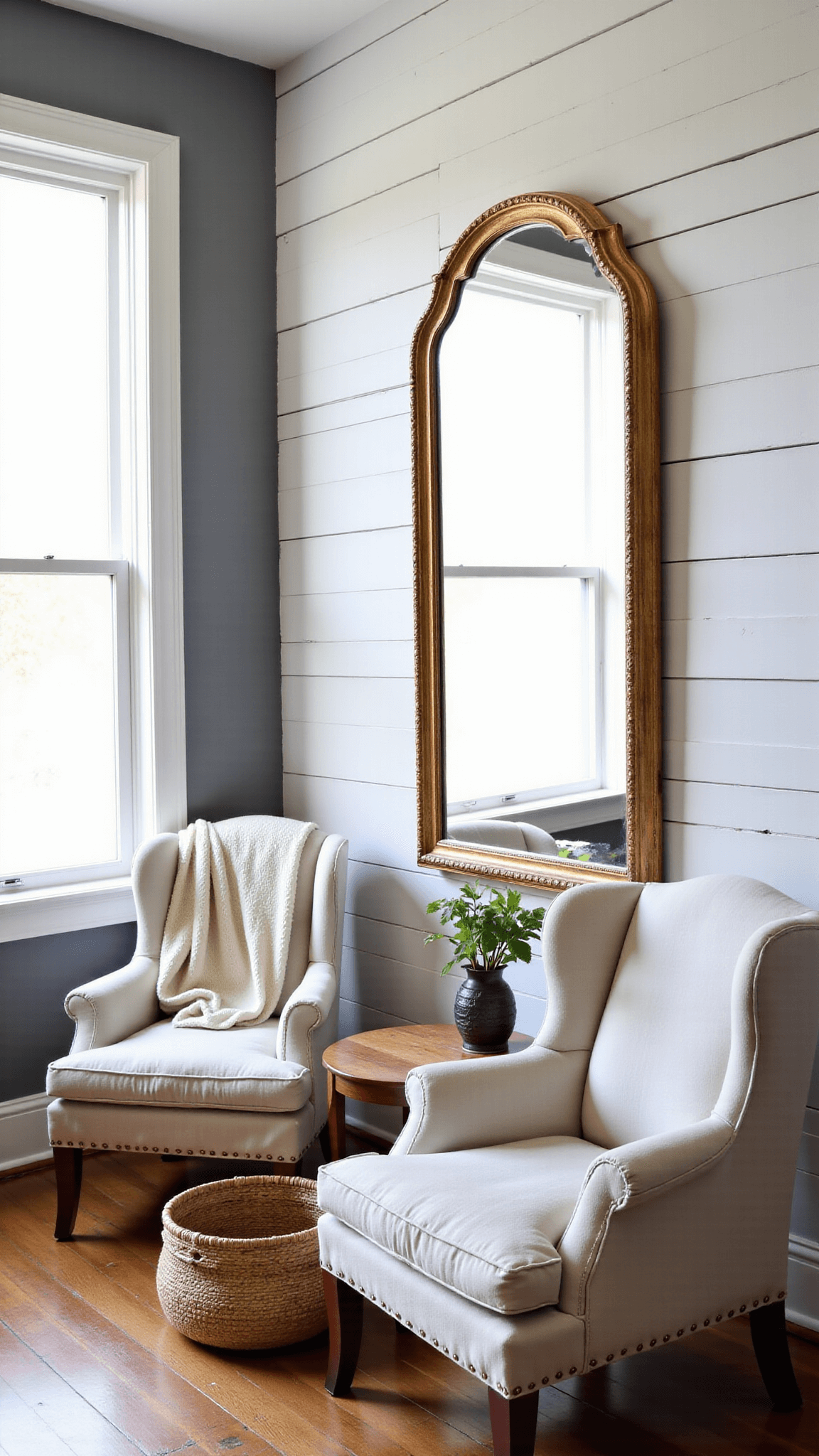 Bright sunlit living room with shiplap accent wall, large gilt-framed mirror, French linen wingback chairs and antique pine cabinet, accented with wool throws and woven baskets.