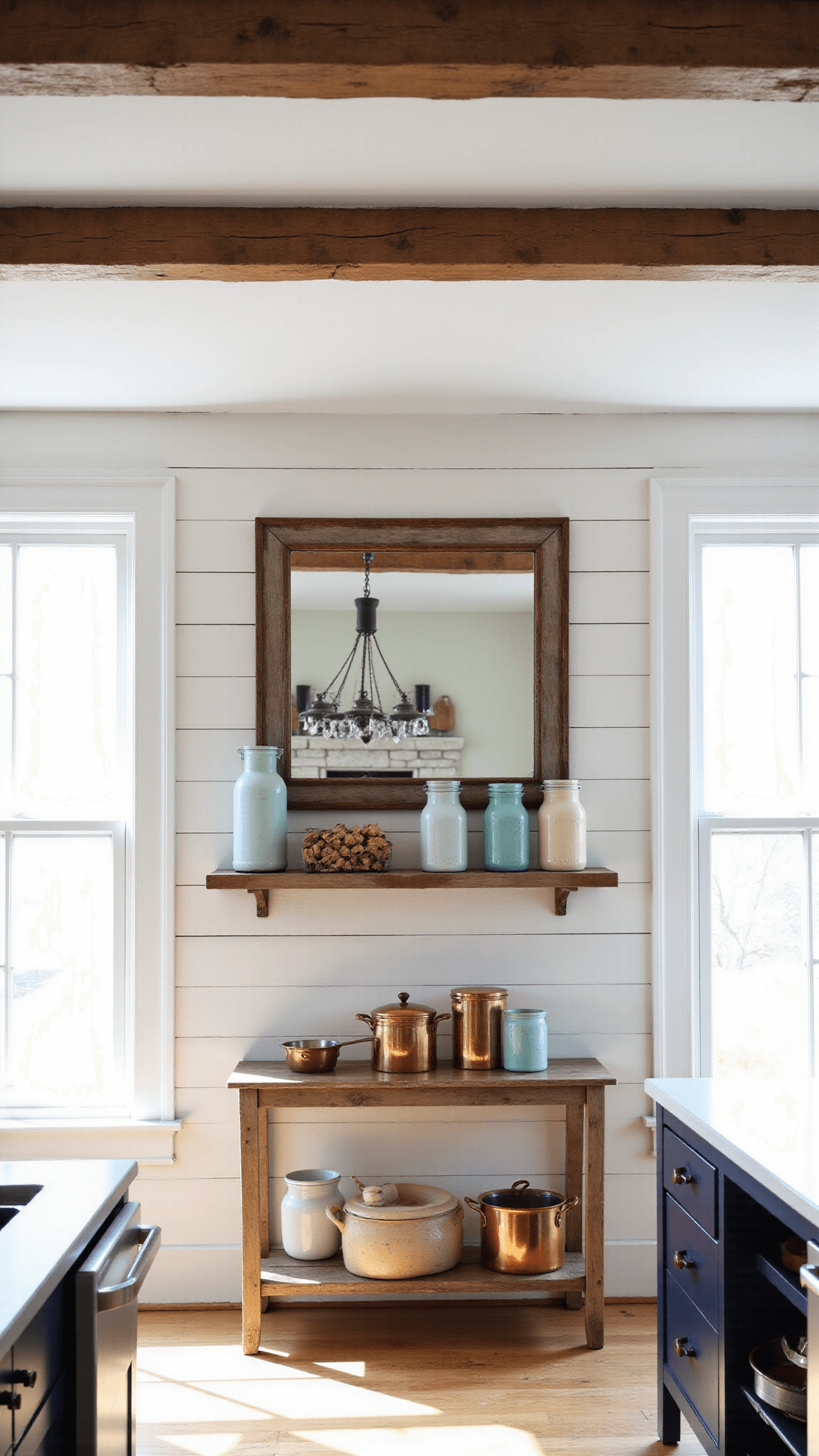 Bright and warm farmhouse kitchen with vintage copper pots, antique mason jars, and enamelware on a floating shelf, under exposed wooden beams, backed by an oversized weathered mirror.