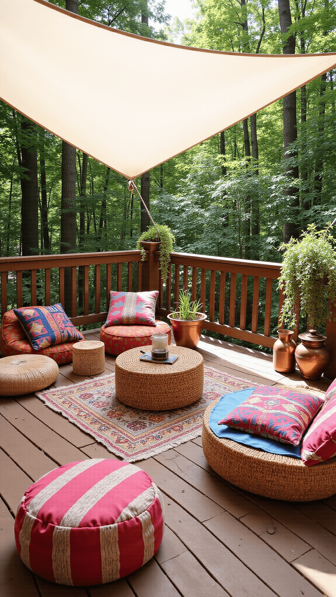 Bohemian-style deck with Moroccan poufs, rattan seating, kilim cushions, macramé plant hangers, outdoor rugs, copper lanterns, and vintage plant vessels, captured from above in natural, dappled sunlight.