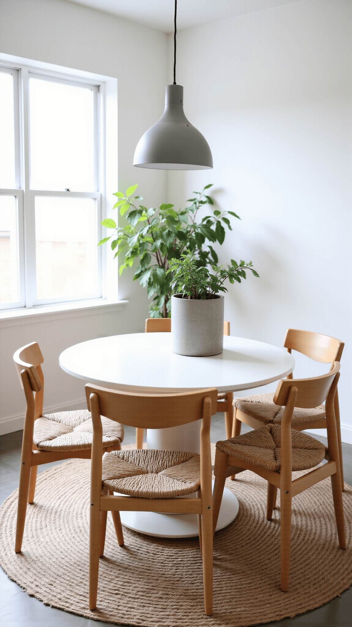 Bright and airy 14x14ft breakfast area with Japandi chairs, round white oak table, concrete pendant light, fig plant, and jute rug on polished concrete floor, captured in natural afternoon light.