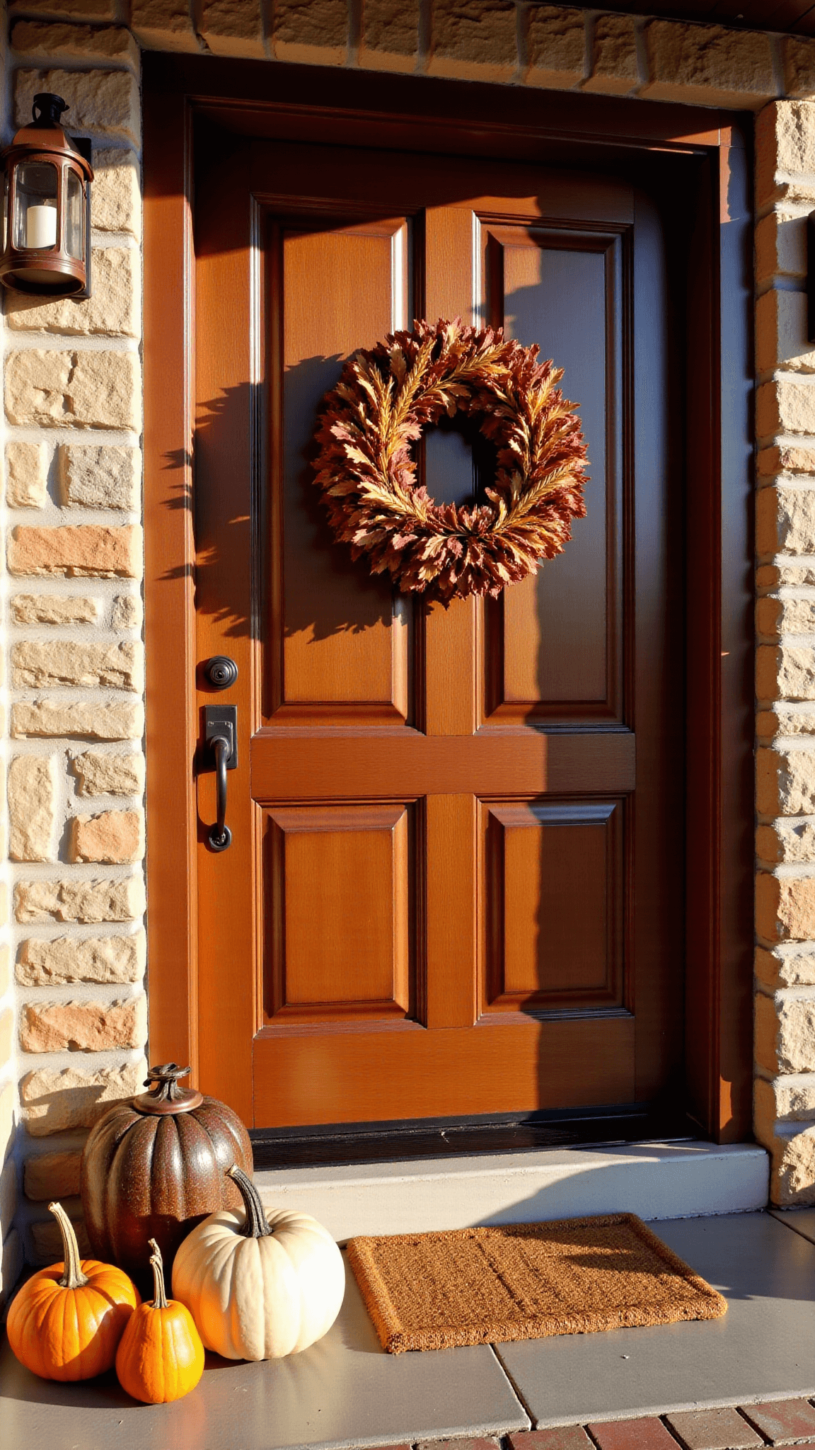Vintage wooden door adorned with autumnal wreath and surrounded by heirloom pumpkins, illuminated by golden hour sunlight and copper lanterns