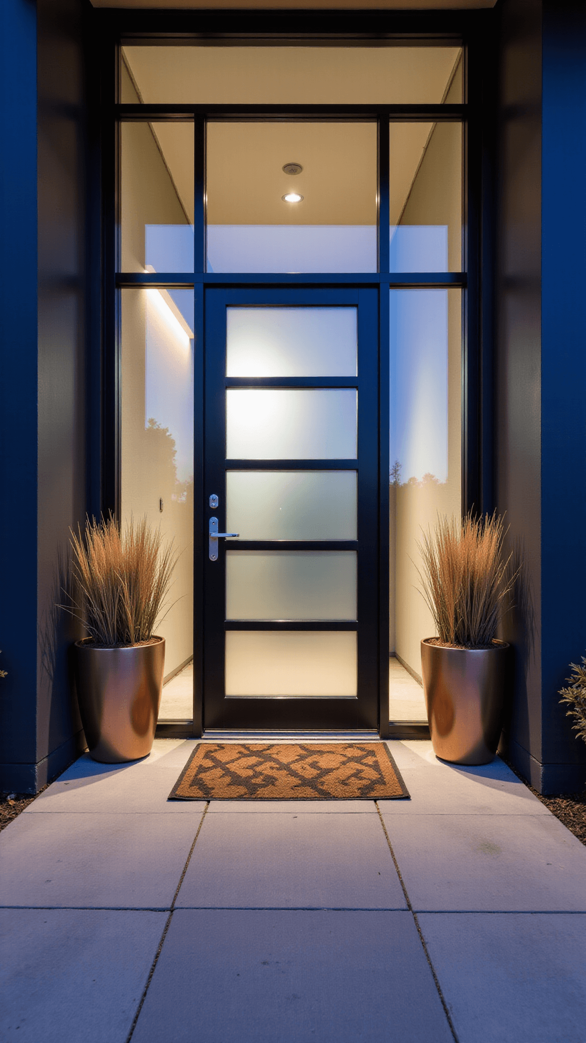 Contemporary glass and steel door entrance with architectural concrete planters and LED lighting at twilight