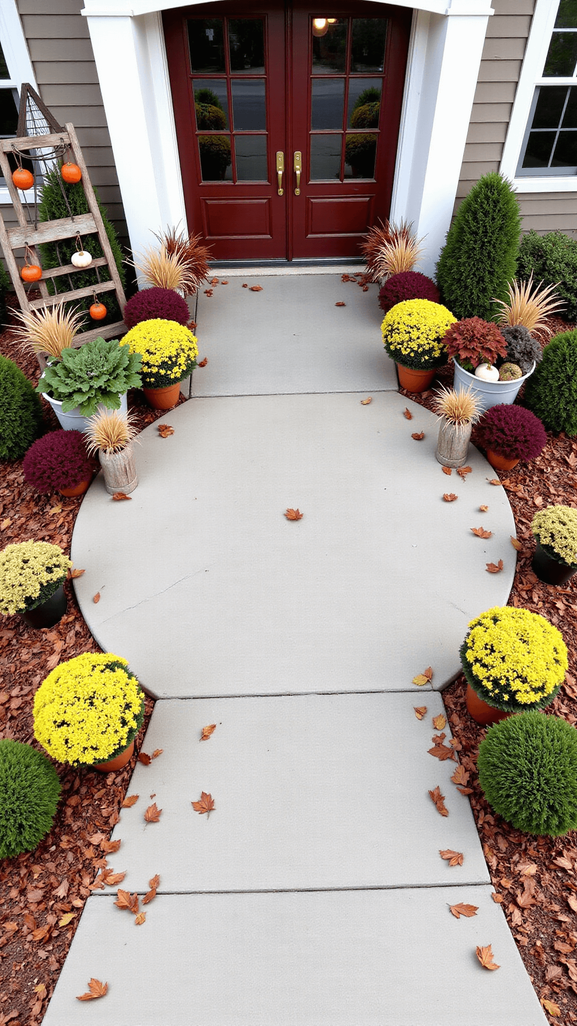 Overhead drone view of circular courtyard with rustic doors, vibrant foliage, and autumn decorations in bright daylight