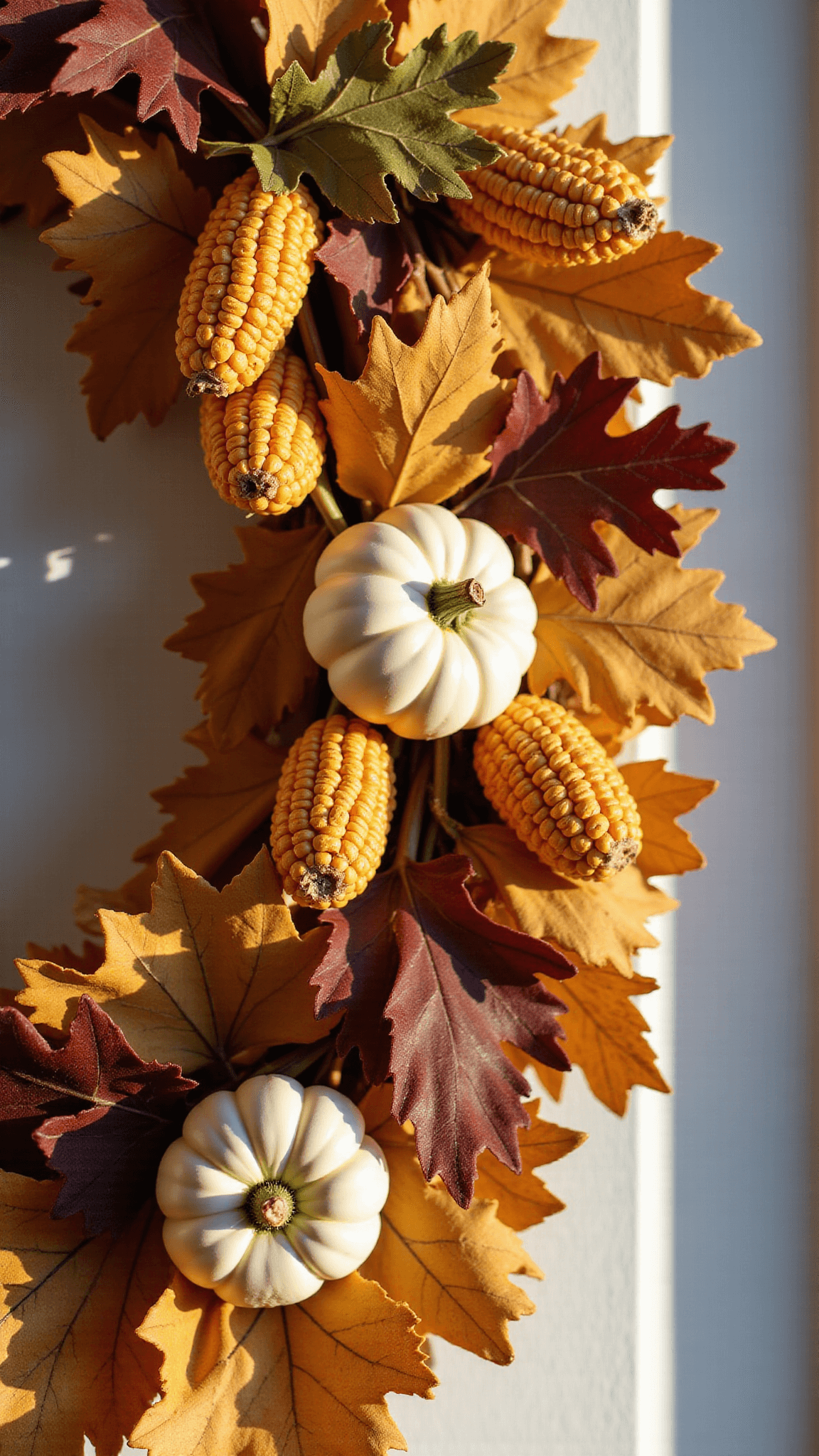 Macro image of harvest-themed door wreath with dried corn husks, white pumpkins, and oak leaves in morning light