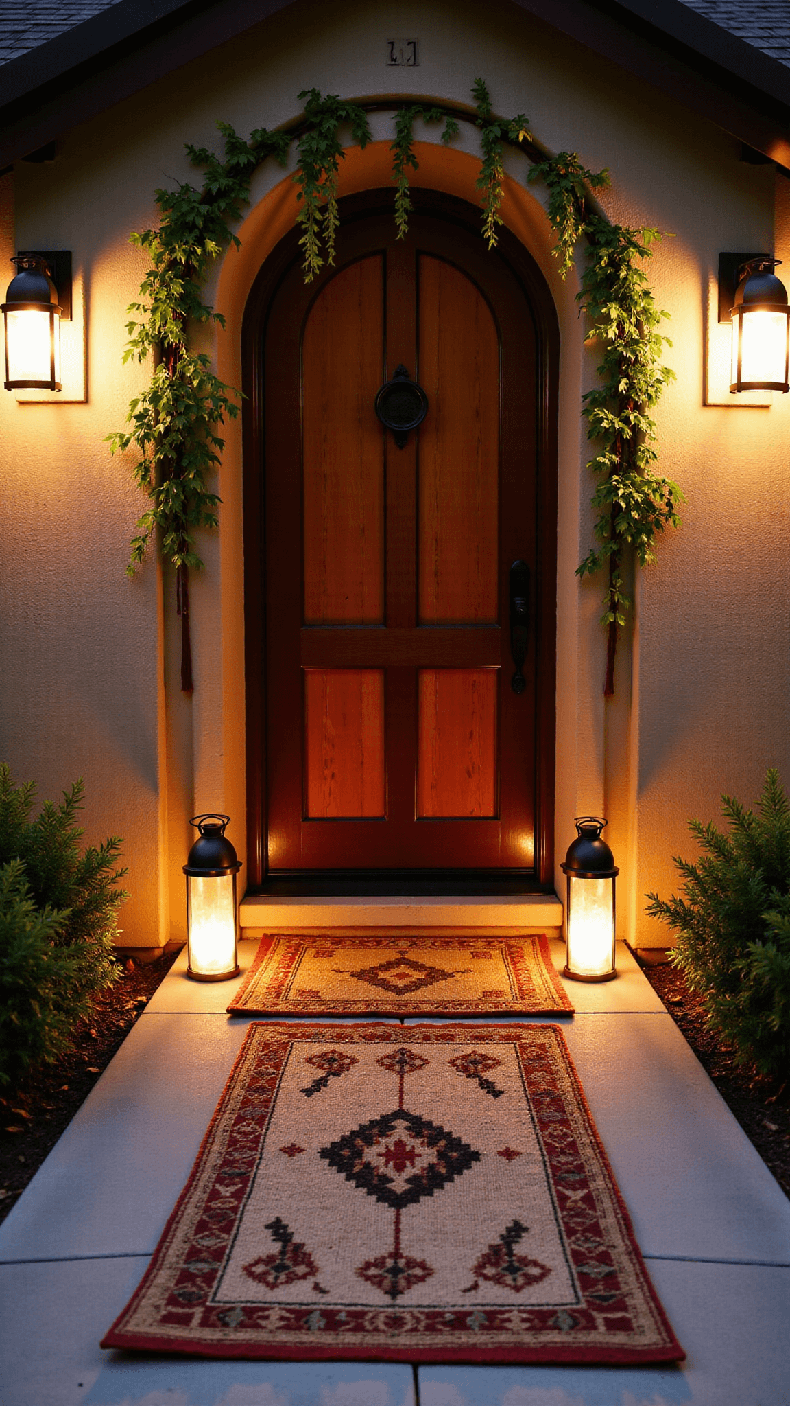 Bohemian-styled entrance with arched wooden door, layered jute and kilim rugs, macramé plant hangers, metallic lanterns, and vintage brass objects during twilight.