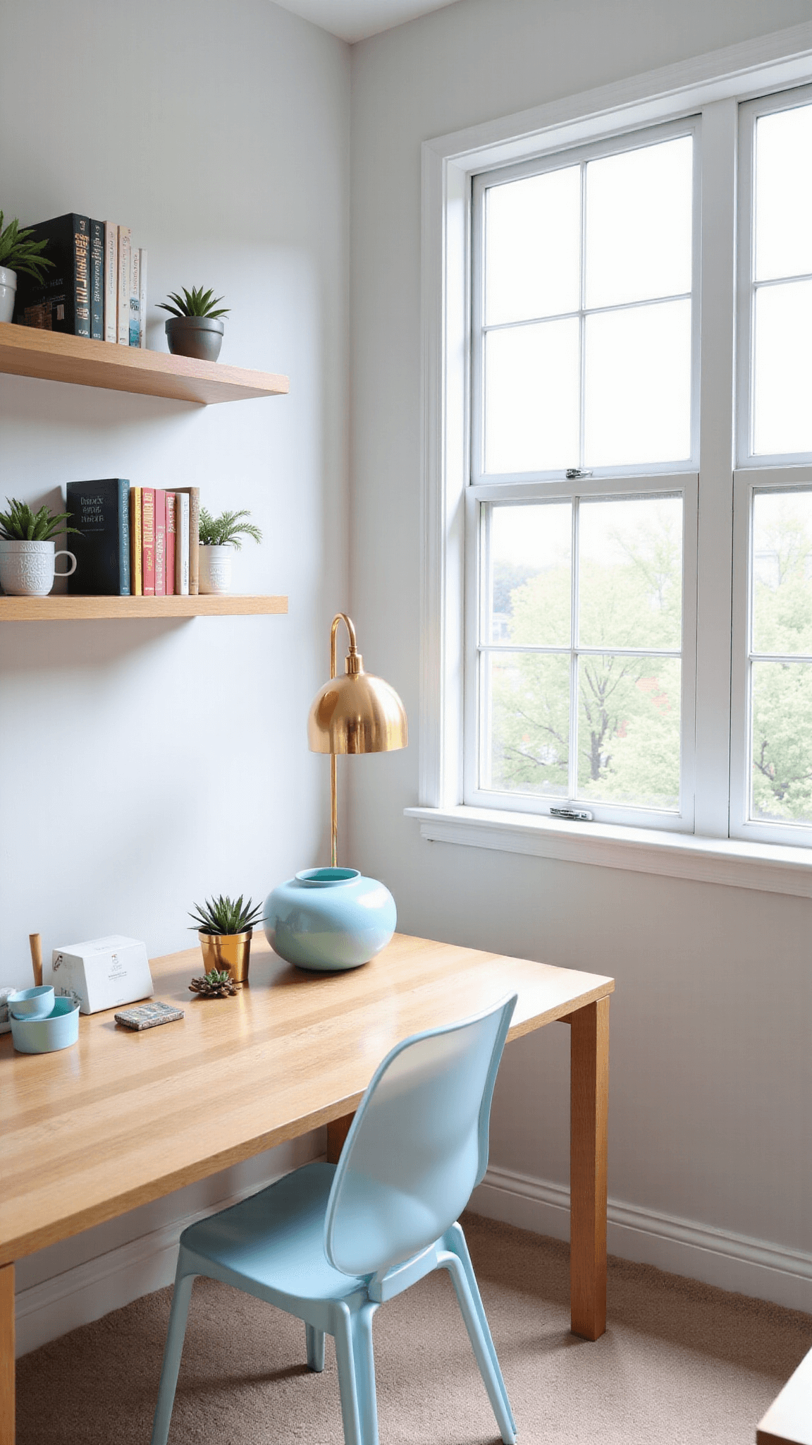 Modern home office with white oak desk, ghost chair, pastel blue accessories, gold organizers, floating shelves with color-coded books and succulents, illuminated by diffused afternoon light.