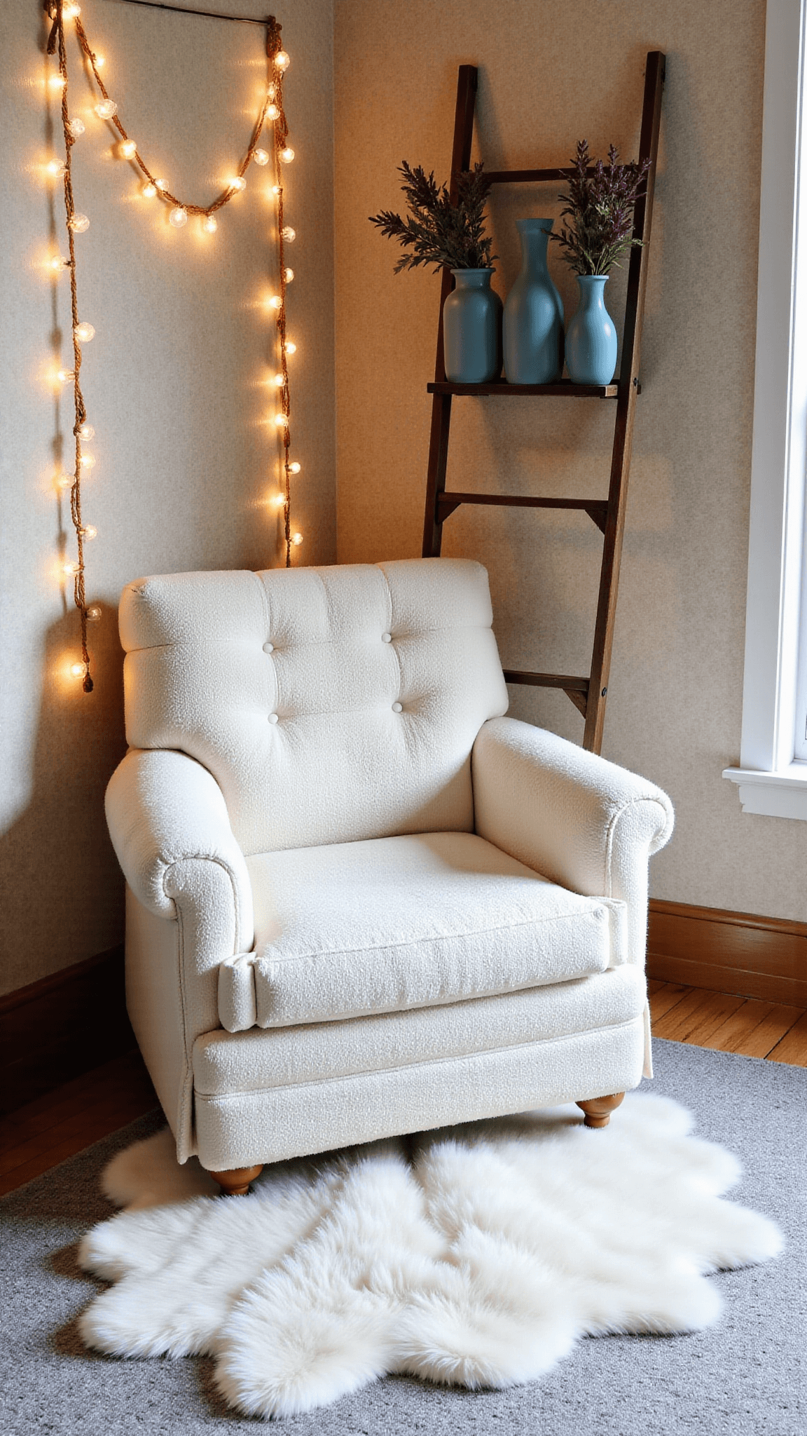 Cozy reading nook with cream armchair, sheepskin rug, ladder shelf with dried flowers, under warm string lights during blue hour.