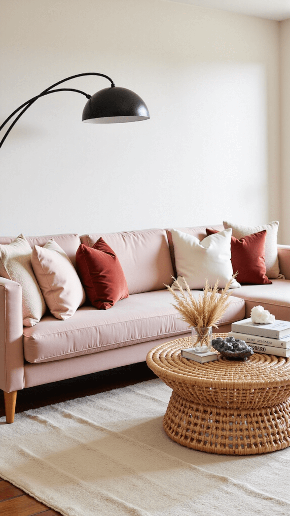 Minimalist 15x15ft living room with blush and cream sectional, rattan coffee table, modern arc lamp and a mix of velvet and linen pillows at sunset.