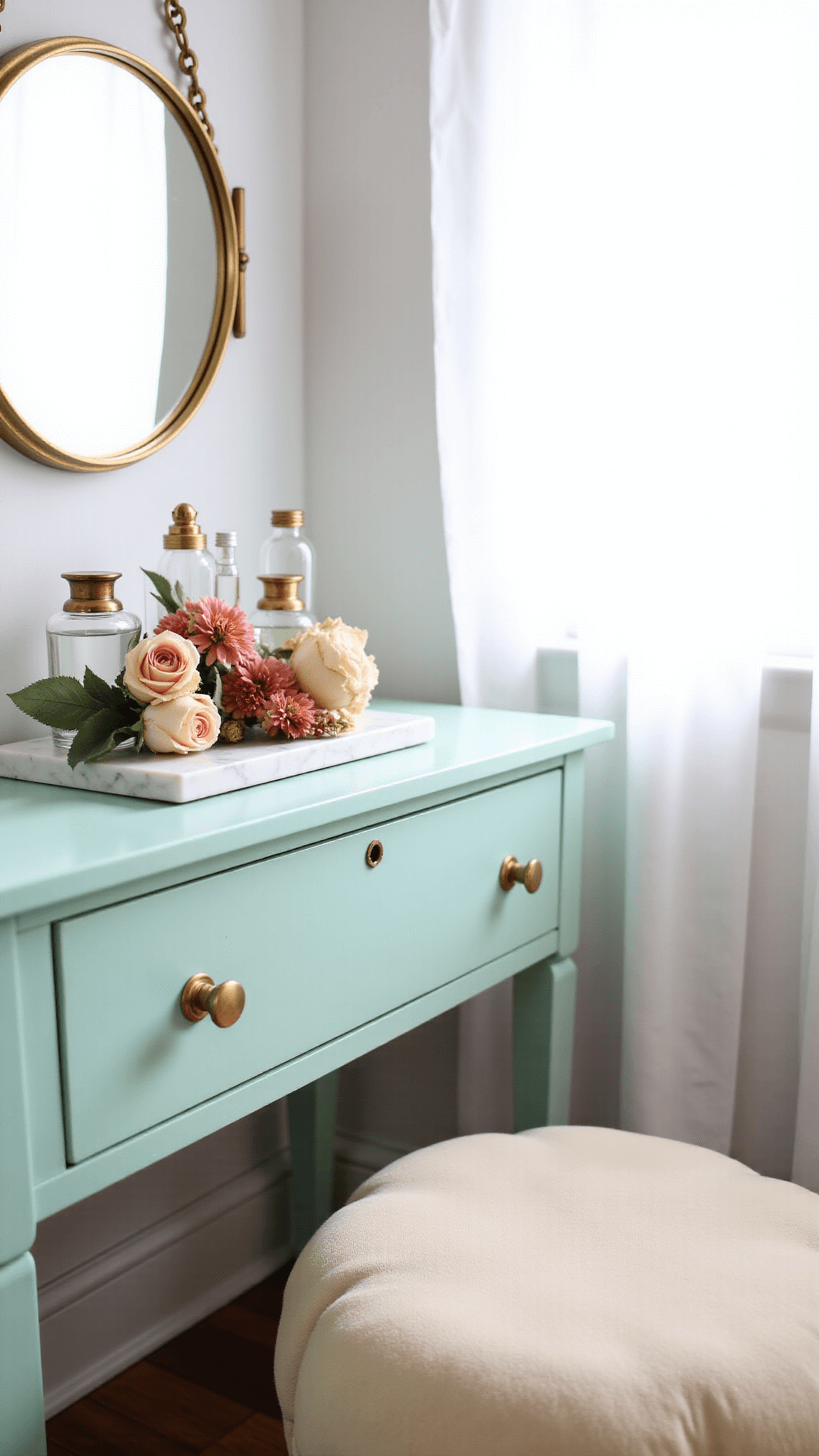Close-up shot of light-filled vanity corner with vintage mint dresser, framed oval mirror, perfume collection on marble tray, and cream velvet stool.