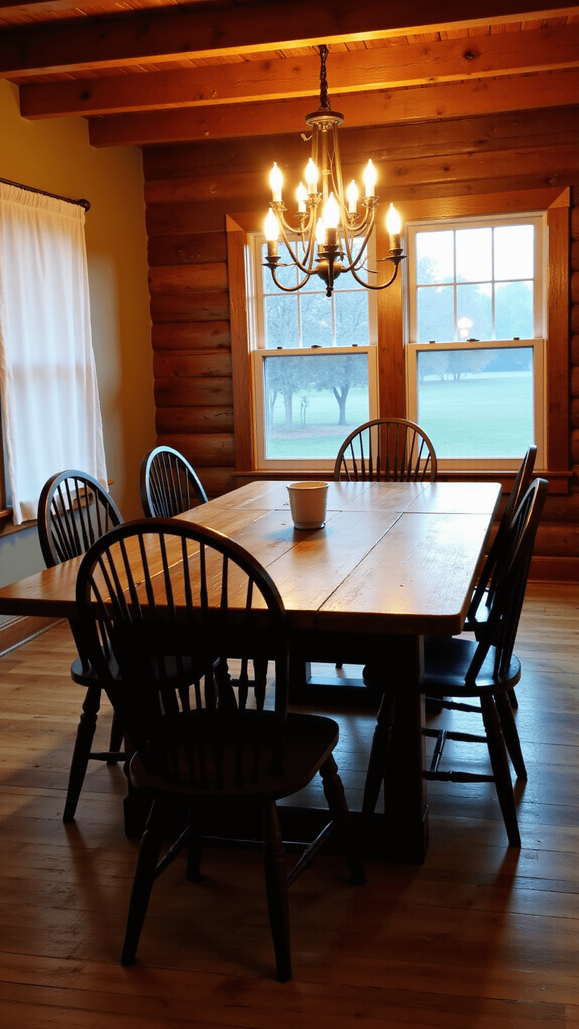 Rustic barn house dining area at dusk with an industrial chandelier, vintage church pews, Windsor chairs, a reclaimed trestle table for eight, and a wall of windows with linen curtains; warm, convivial mood captured from kitchen island perspective.