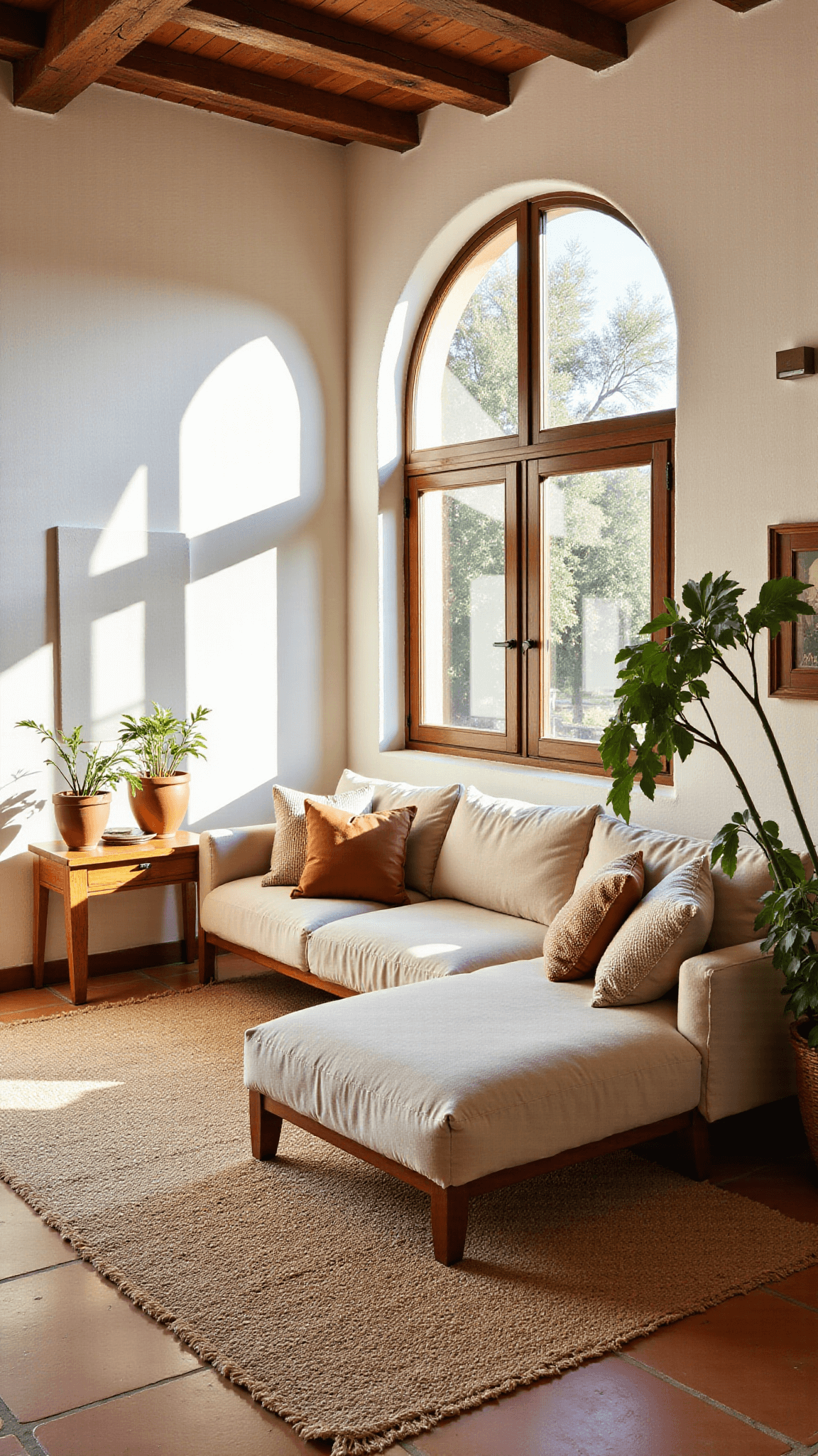Sunny Mediterranean living room with high white walls, wooden beams, wide arched windows with olive trees view, oatmeal linen sectional with earth-toned pillows, vintage terracotta pots with trailing plants on wooden consoles, jute rug on terracotta tiles, and atmospheric dust particles illuminated by natural light.