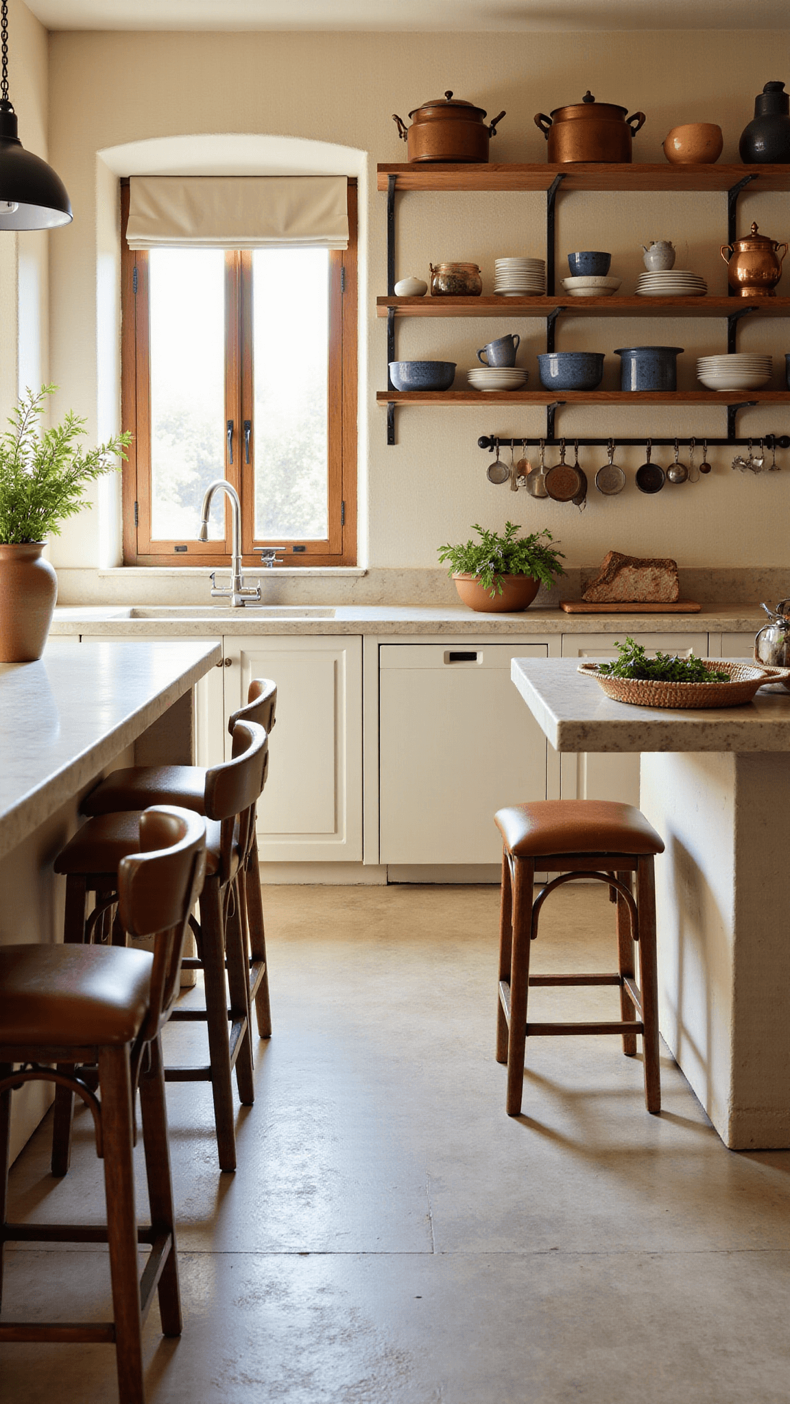 Mediterranean kitchen in morning light featuring cream limestone flooring, plaster walls, oak open shelves with blue and white ceramics, copper pots over stone island, and herbs by windowsill with sheer linen curtains