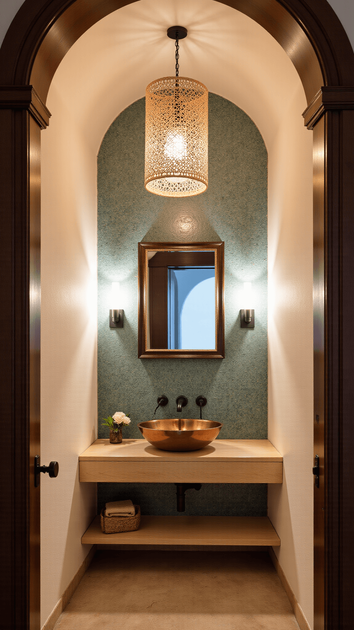 Twilight view of serene Mediterranean bathroom with ivory Venetian plaster walls, sea blue zellige tile feature wall, bleached oak floating vanity with copper sink, and intricate shadows from woven pendant light.
