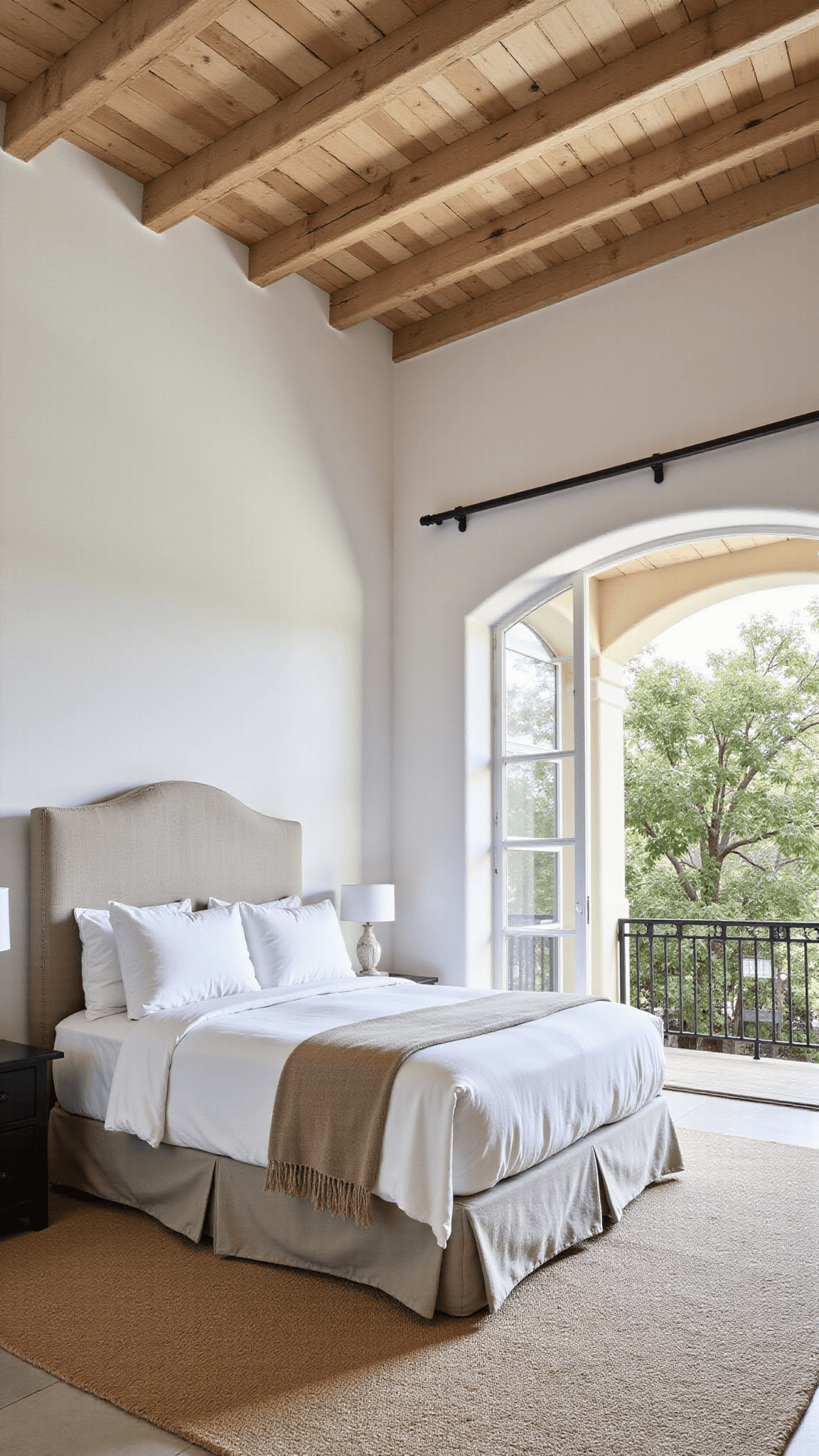 Sunlit Mediterranean primary bedroom with wooden ceiling beams, sandy plaster walls, French doors opening to a bougainvillea-draped terrace, and a king bed with a linen headboard.