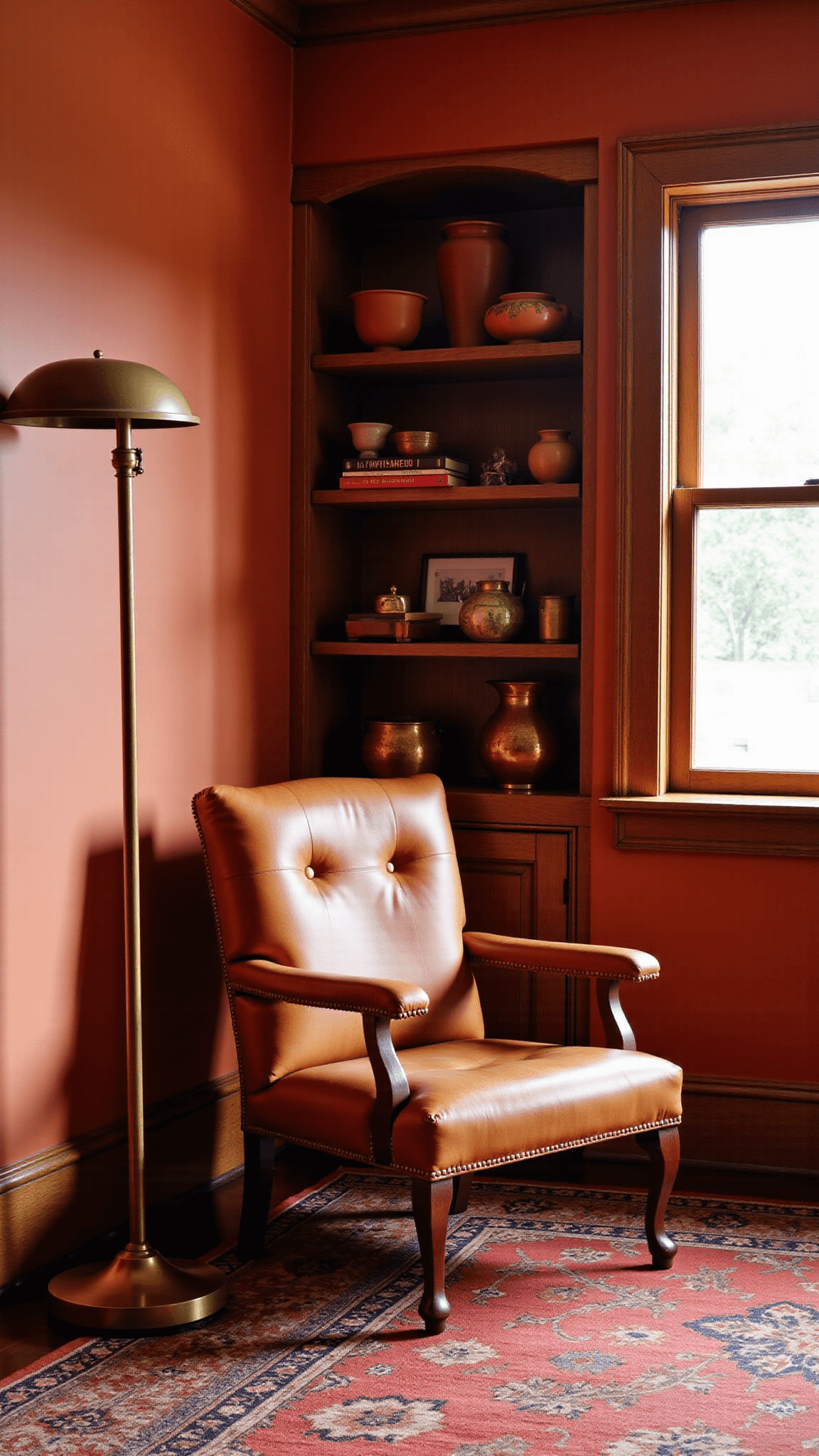 Mediterranean study nook at midday with terracotta walls, olive wood shelves, vintage leather armchair, brass floor lamp, Persian rug, clay pottery and brass objects, highlighted by dramatic shadows from window