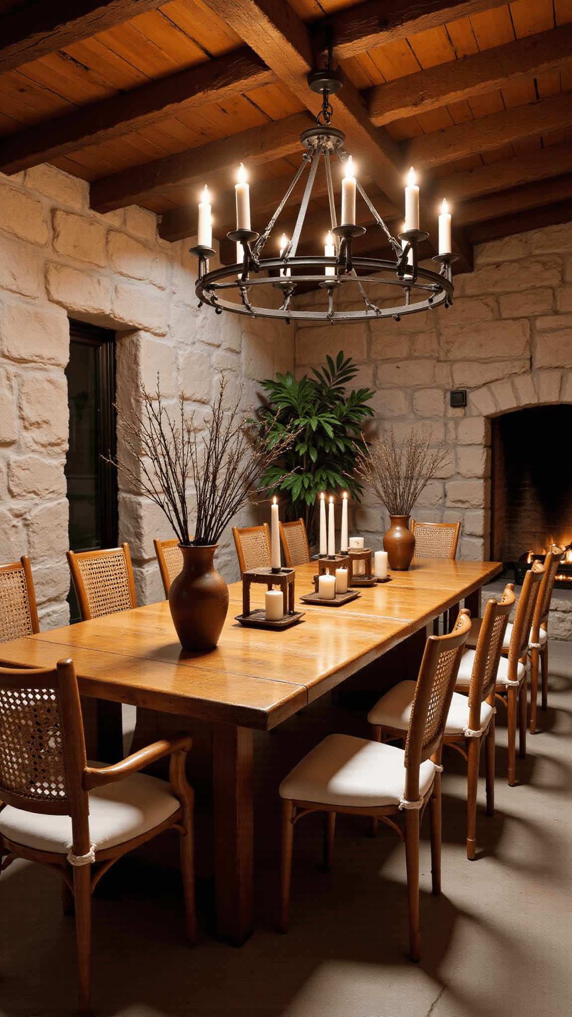 Mediterranean dining room with rustic stone walls, timber ceiling, rattan and canvas chairs around an oak table under an iron chandelier, decorated with olive branches in earthenware vases, bathing in warm candlelight and twilight blue ambiance.