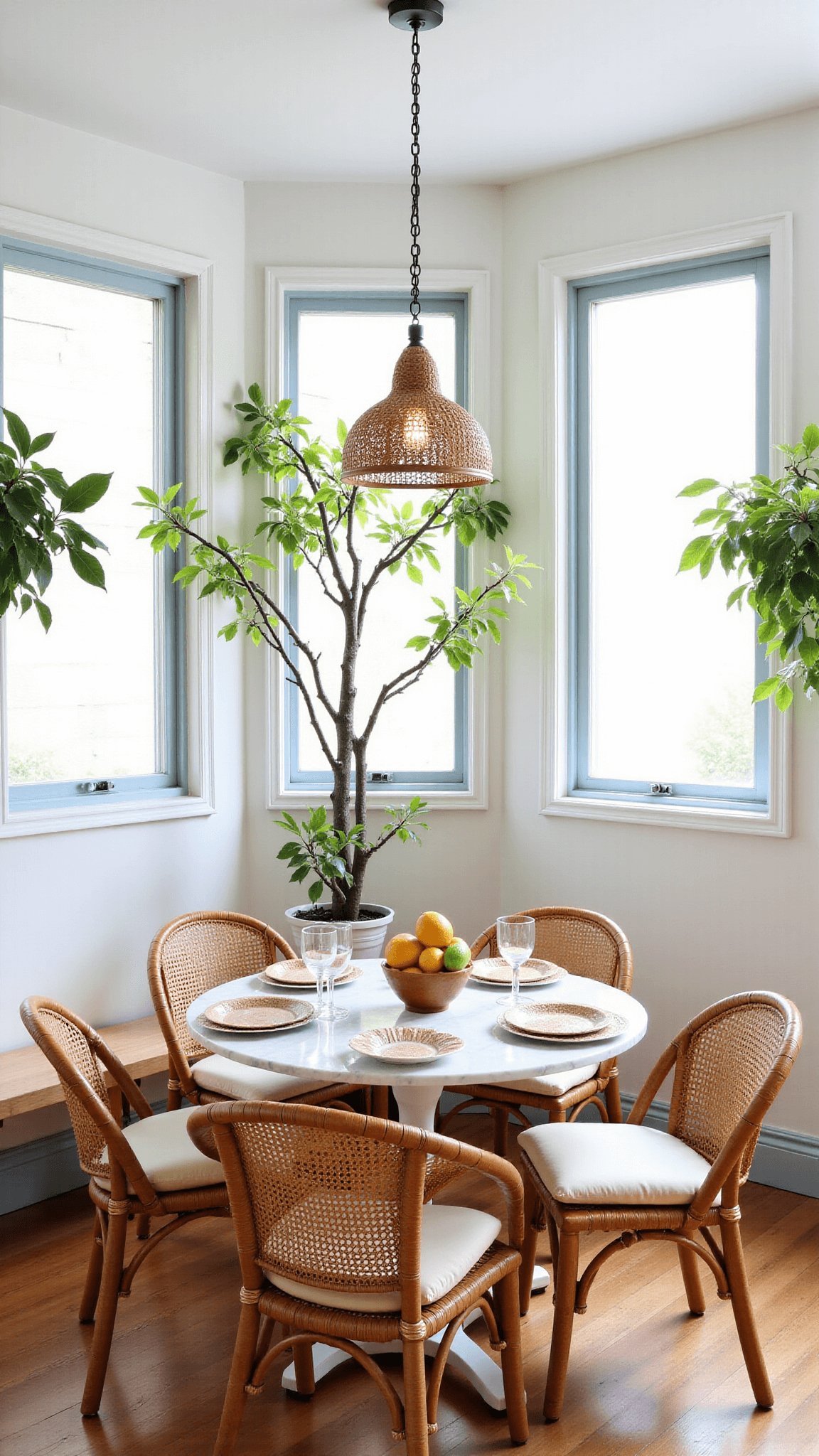 Mediterranean breakfast nook at brunch time with white walls, blue trim, marble table, rattan chairs, citrus trees by windows, handwoven placemats and vintage pottery, under bright natural light