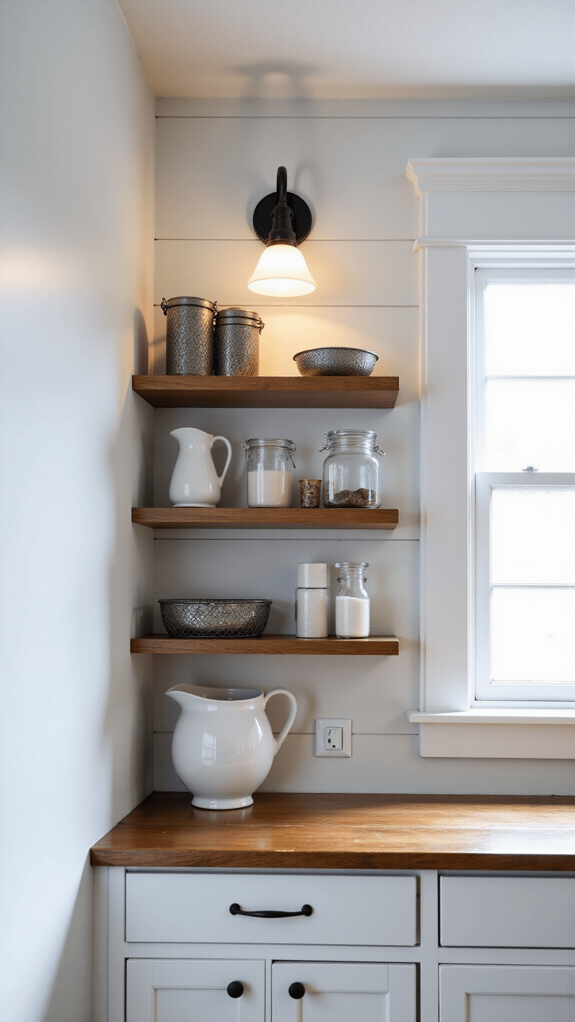 Vintage-inspired butler's pantry corner with open shelving, antique containers and oak floating shelves, softly lit by morning light from a small window.