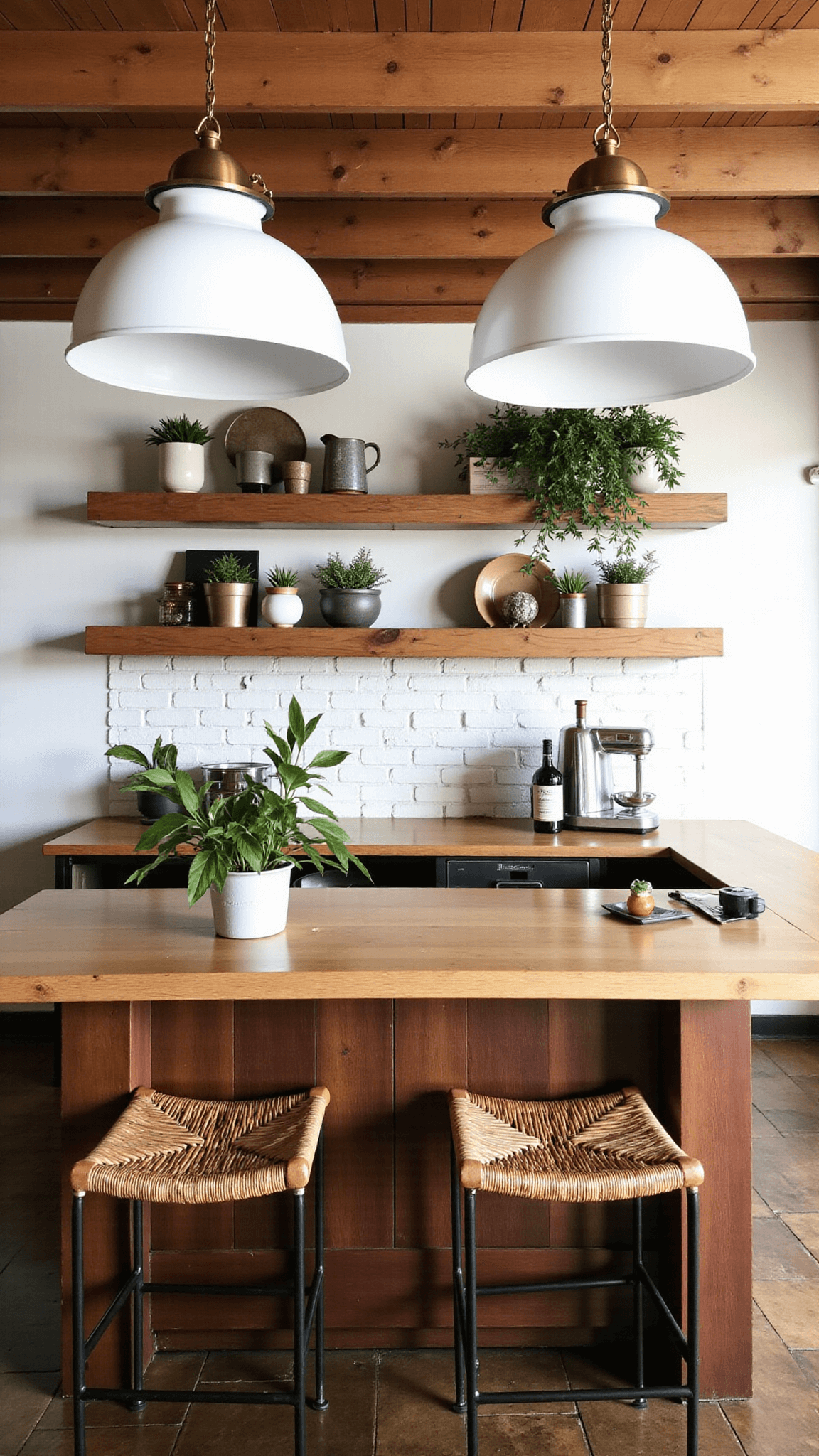 Cozy breakfast bar with reclaimed wood, white enamel barn lights, floating oak shelves, herringbone brick floors, woven leather bar stools, and brass hardware in the morning sunlight.