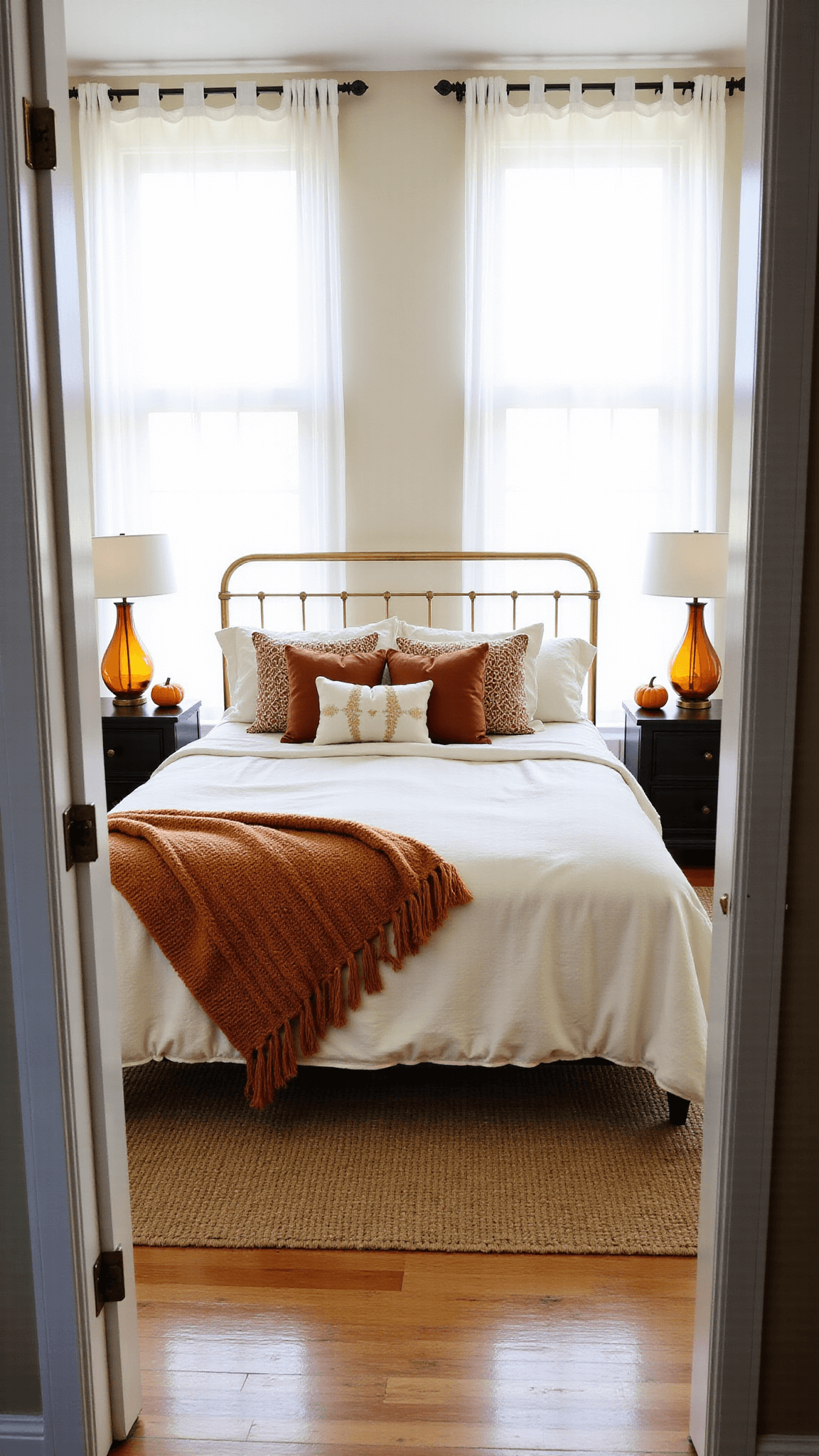 Early morning view of a 16x14ft master bedroom with texture-rich layered bed, vintage brass frame, styled nightstands, and sheer curtains filtering dawn light.