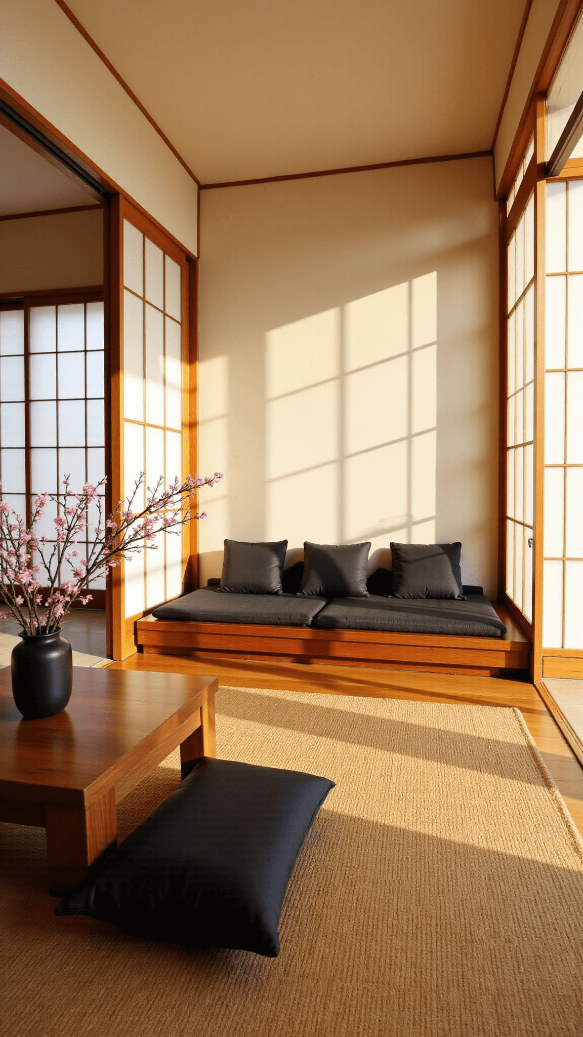 Minimalist living room at golden hour with walnut platform sofa, shoji screens, bamboo flooring, charcoal cushions on sisal rug, cherry blossoms in black vase on low table, and soft geometric shadow patterns