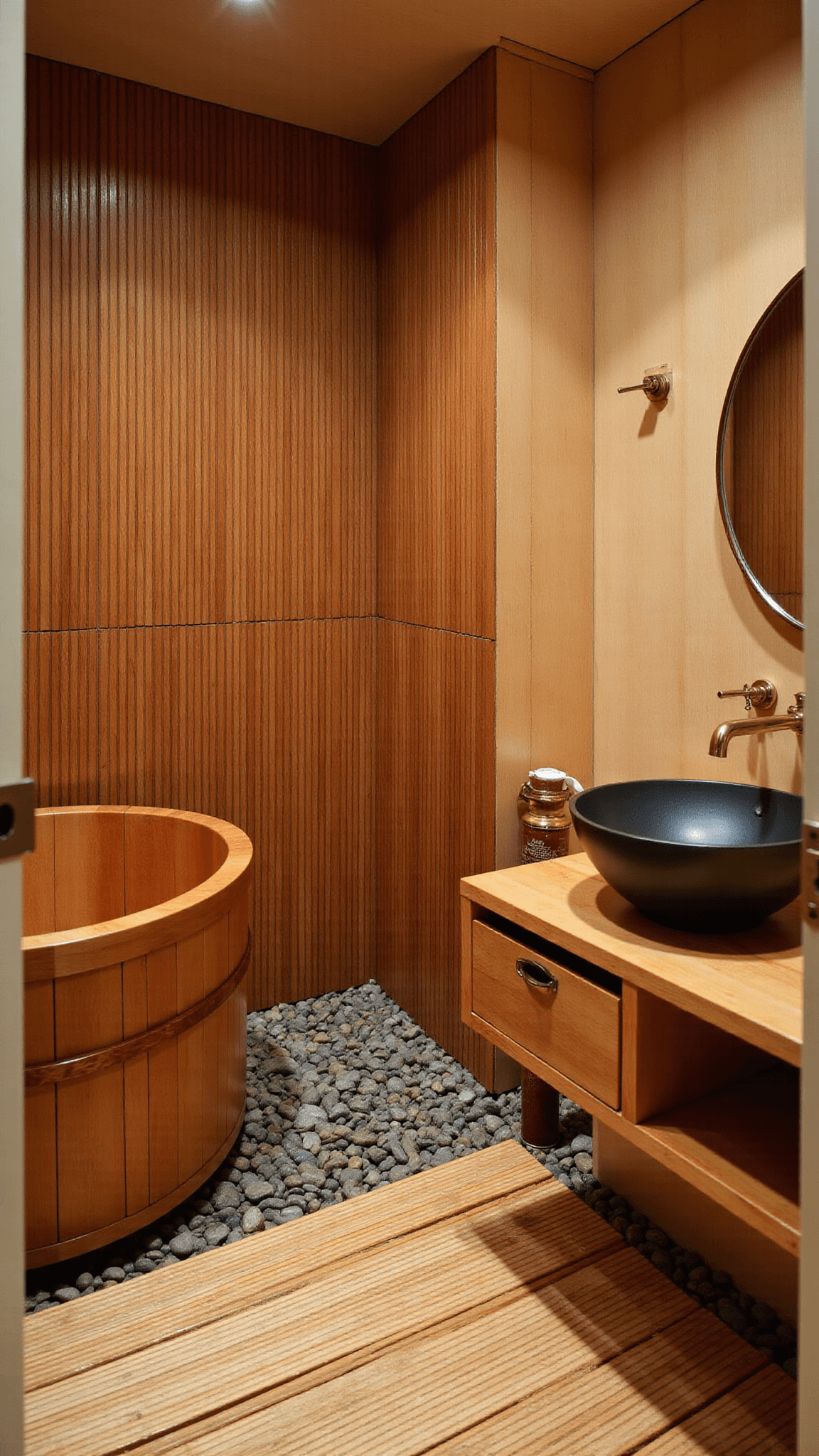Japanese spa-inspired tranquil bathroom with a wooden soaking tub, cedar slats backdrop, river rock flooring, bamboo decking, teak vanity with matte black stone vessel sink, minimal brass fixtures, and essential oils diffuser under soft lighting