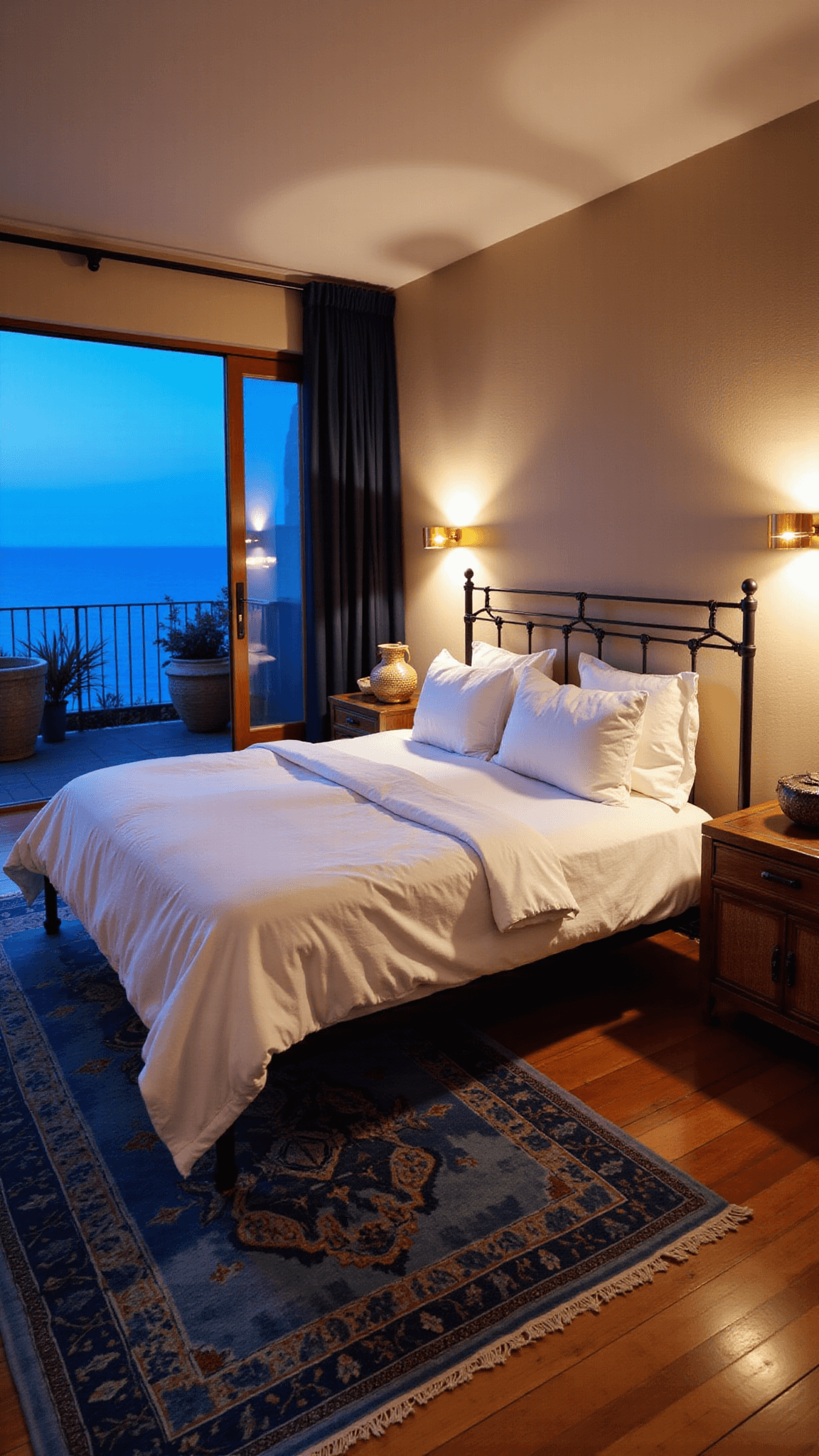 Romantic, coastal retreat-inspired 16x18ft master bedroom featuring French doors, dusk lighting, an oversized iron bed with white linen, a vintage Moroccan rug, brass wall sconces, woven basket and ceramic accents, and a raw plastered wall.