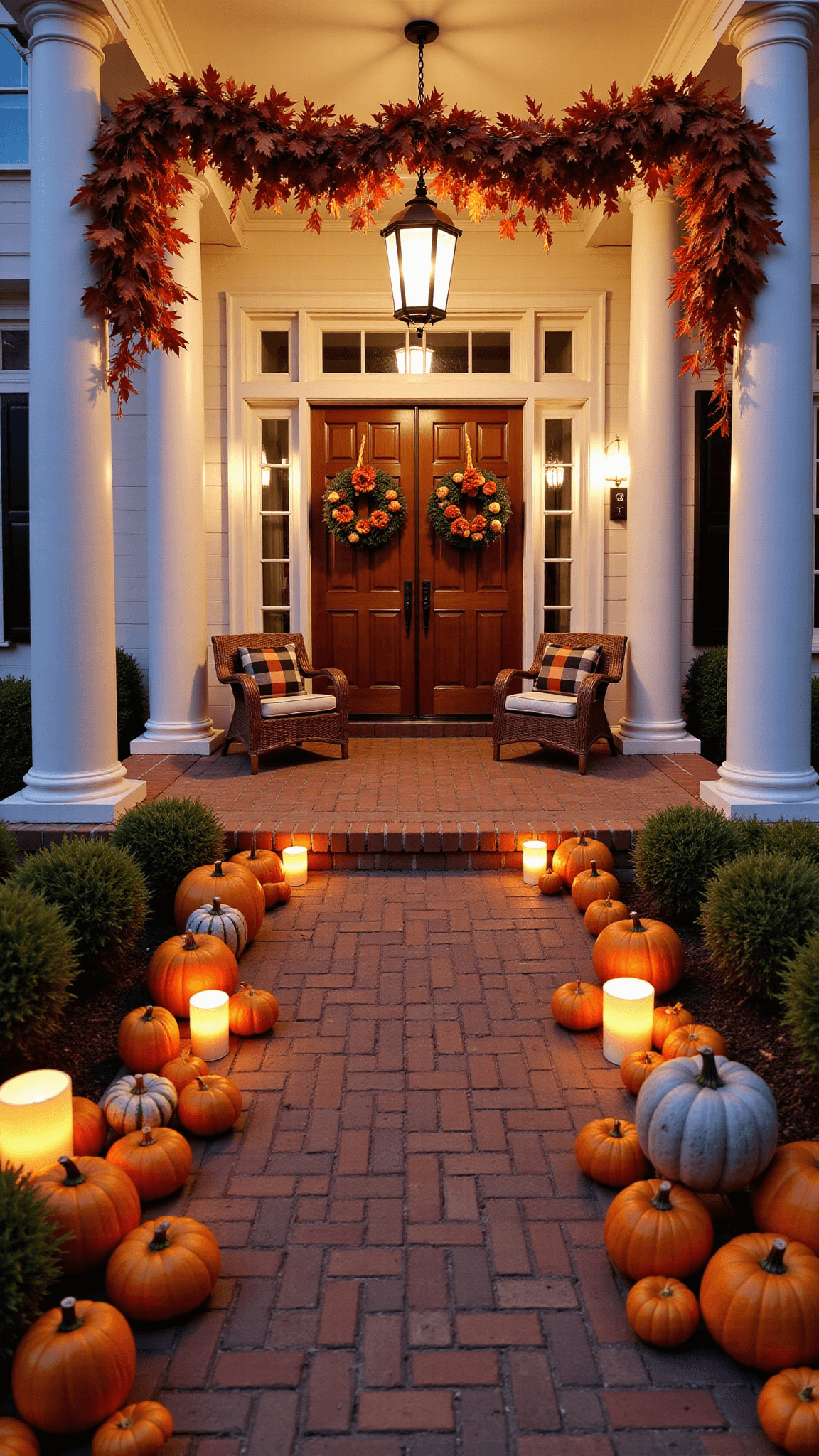 Elegant twilight scene of a large porch with white columns, illuminated pathway lined with ceramic and natural pumpkins and glowing lanterns, rustic wooden console framed by wicker chairs with plaid cushions, and decorated with fall garland with lit maple leaves.