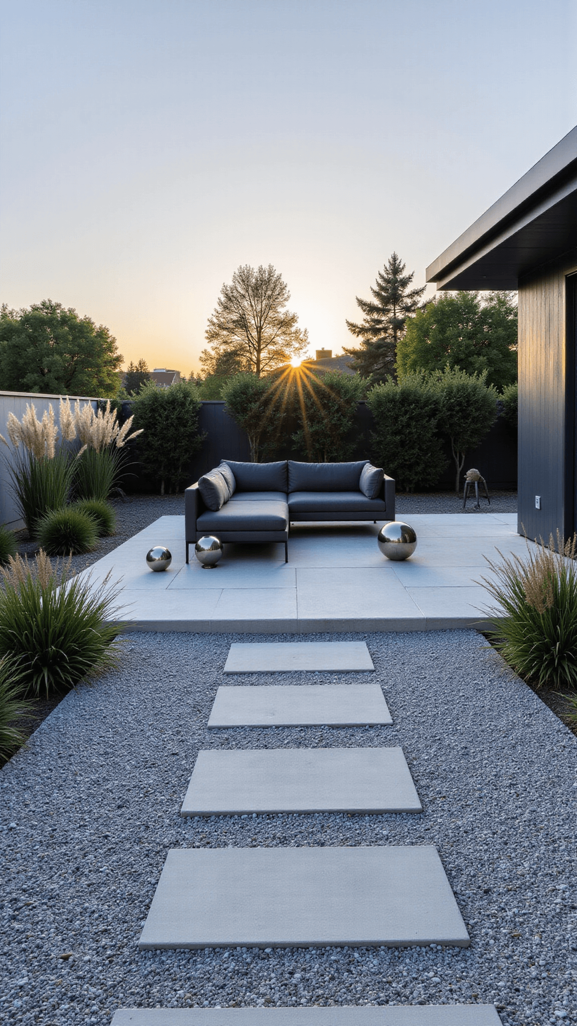 Modern minimalist backyard with geometric patterns of gray pea gravel, concrete pavers, charcoal outdoor sectional, stainless steel sculptures and architectural grasses at golden hour with supplemental LED lighting.