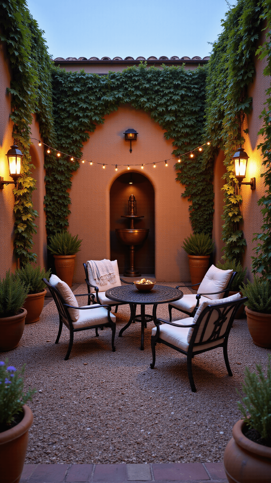 Mediterranean-style courtyard with gravel, vintage fountain, hanging lights and a bistro set during blue hour