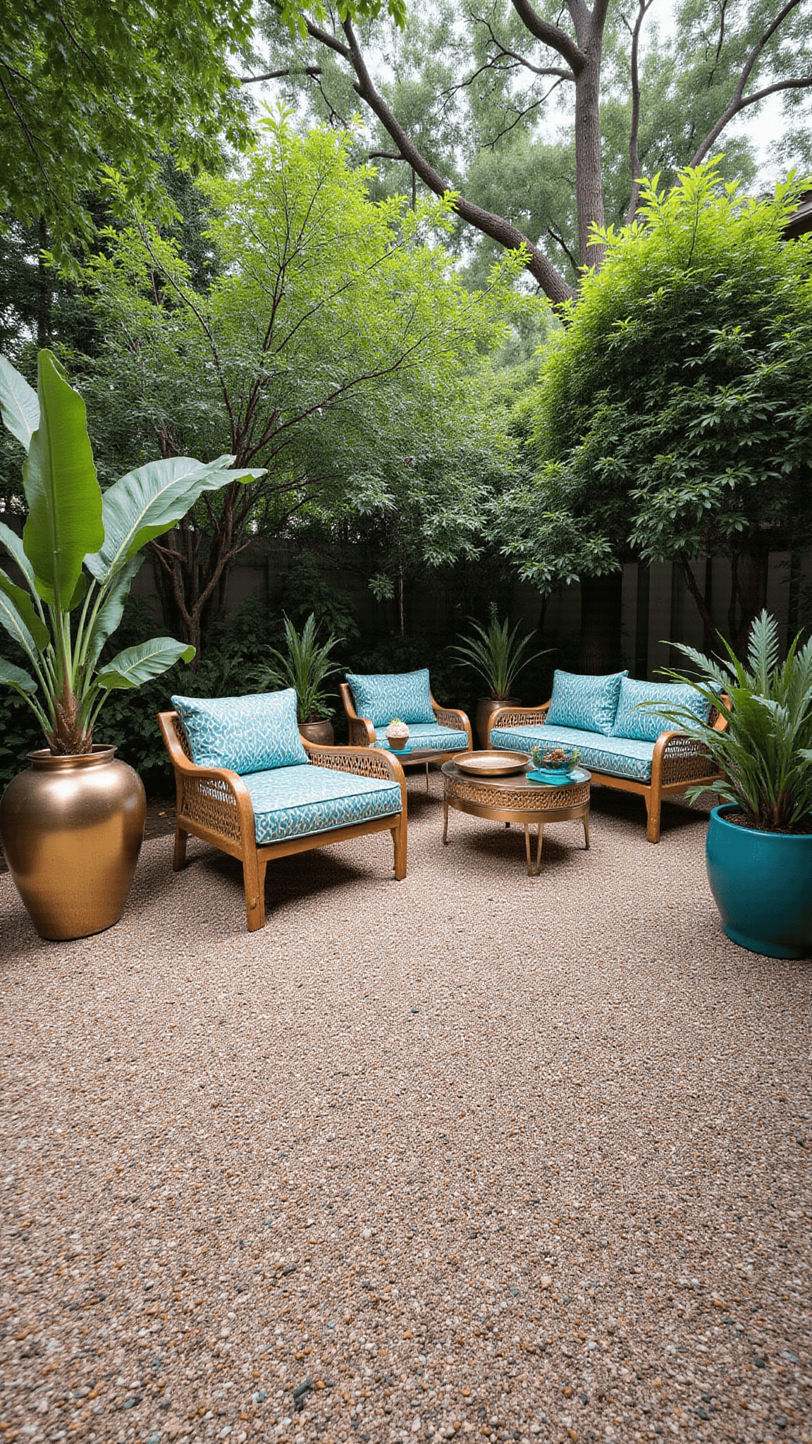 Bohemian paradise backyard with Moroccan-inspired lounge, mixed-size granite gravel patterns, oversized planters with tropical plants, and jewel-toned accents viewed through a bird's eye lens.