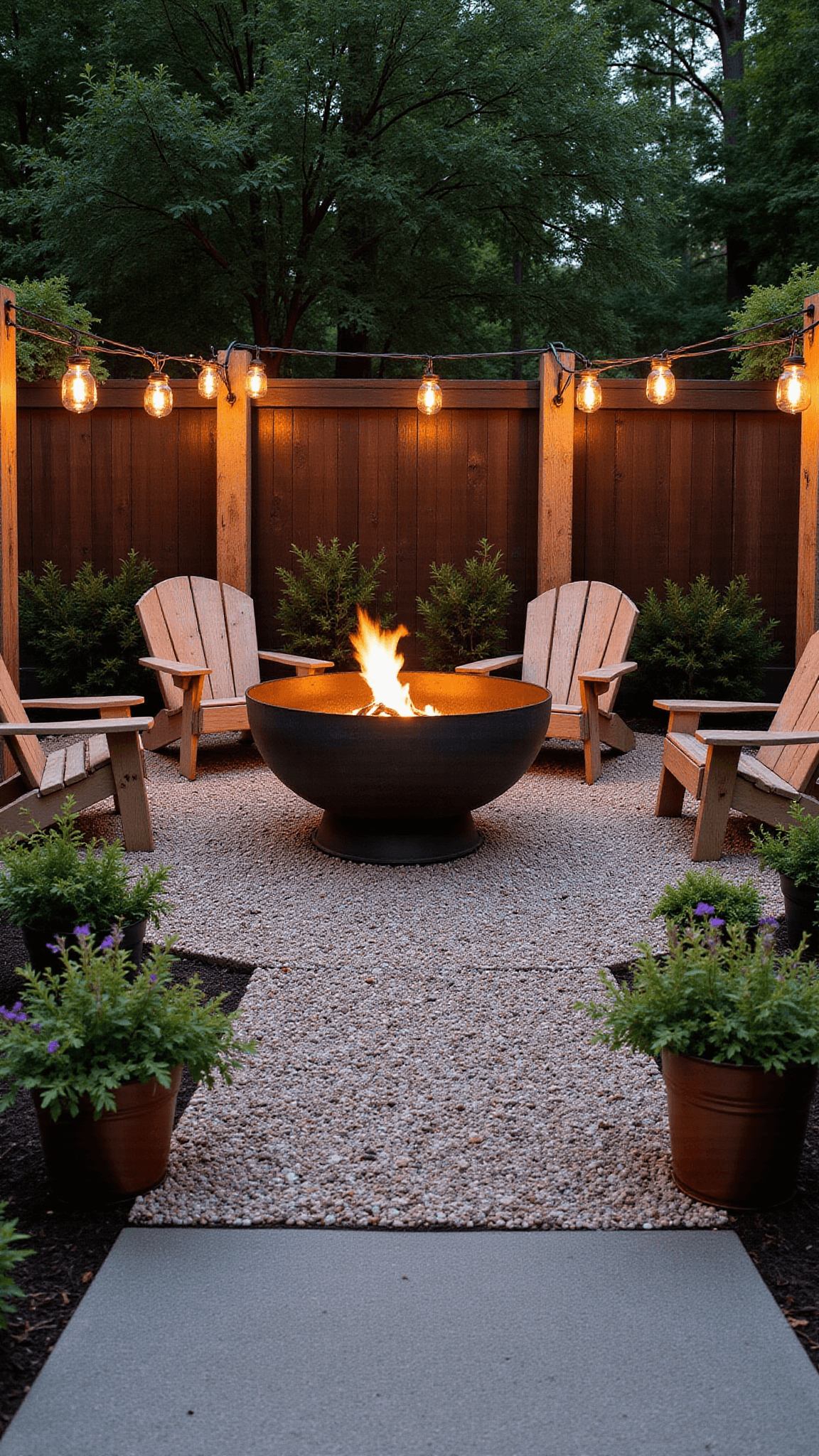 Rustic garden with crushed granite paths, reclaimed wood Adirondack chairs, and a fire pit, under a canopy of mason jar pendant lights, with vintage metal containers of wildflowers, in warm atmospheric lighting.