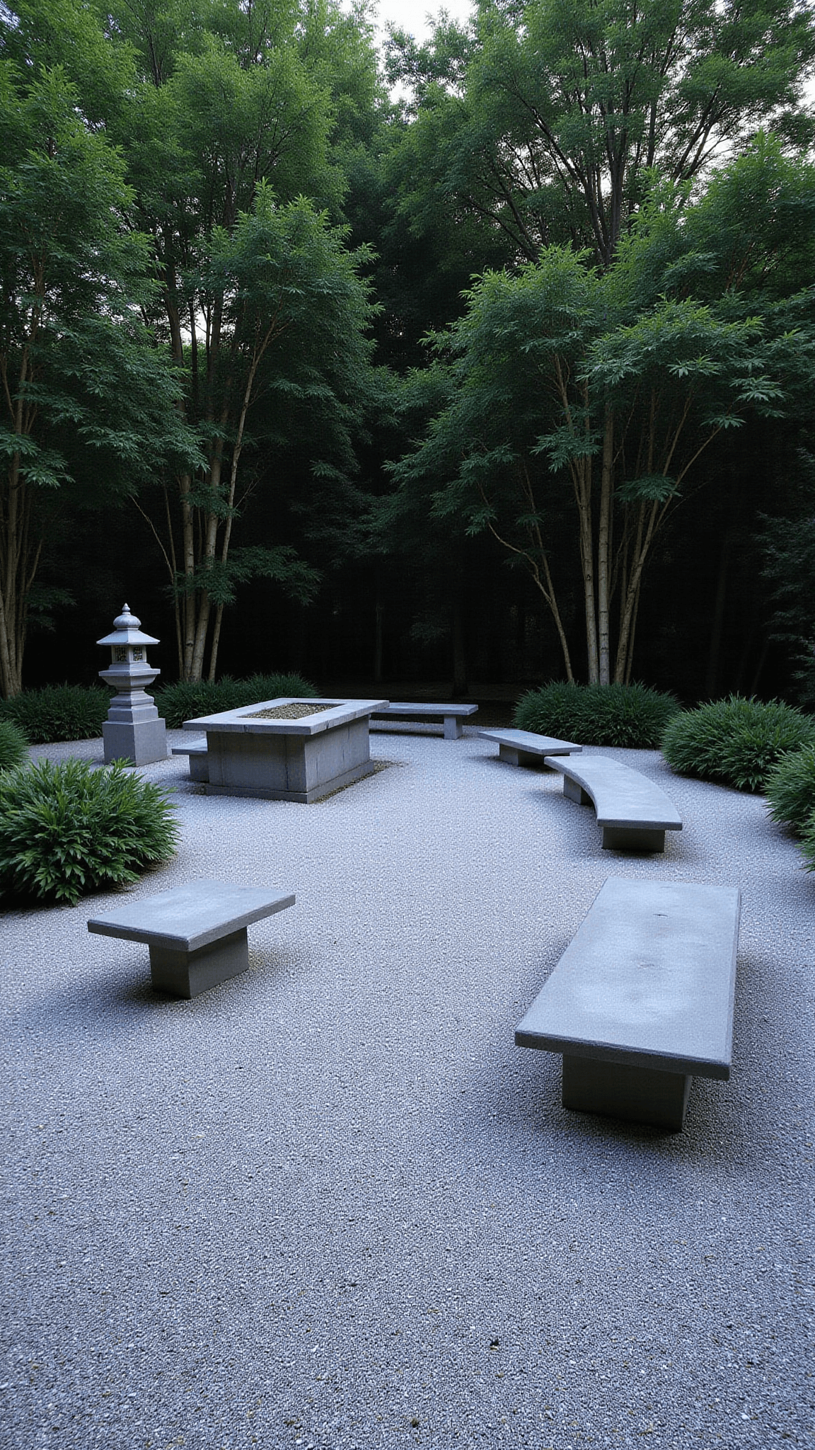 Dawn light illuminating a Zen-inspired gravel garden with raked patterns, minimalist concrete benches, black bamboo, stone lanterns, and subtle fog effects.