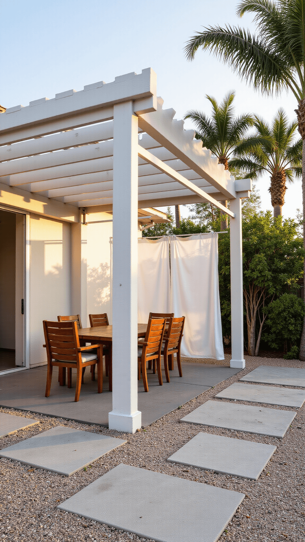 35x45ft modern coastal retreat with geometric concrete pavers, teak dining set under pergola, white outdoor curtains, and potted palms in golden hour lighting