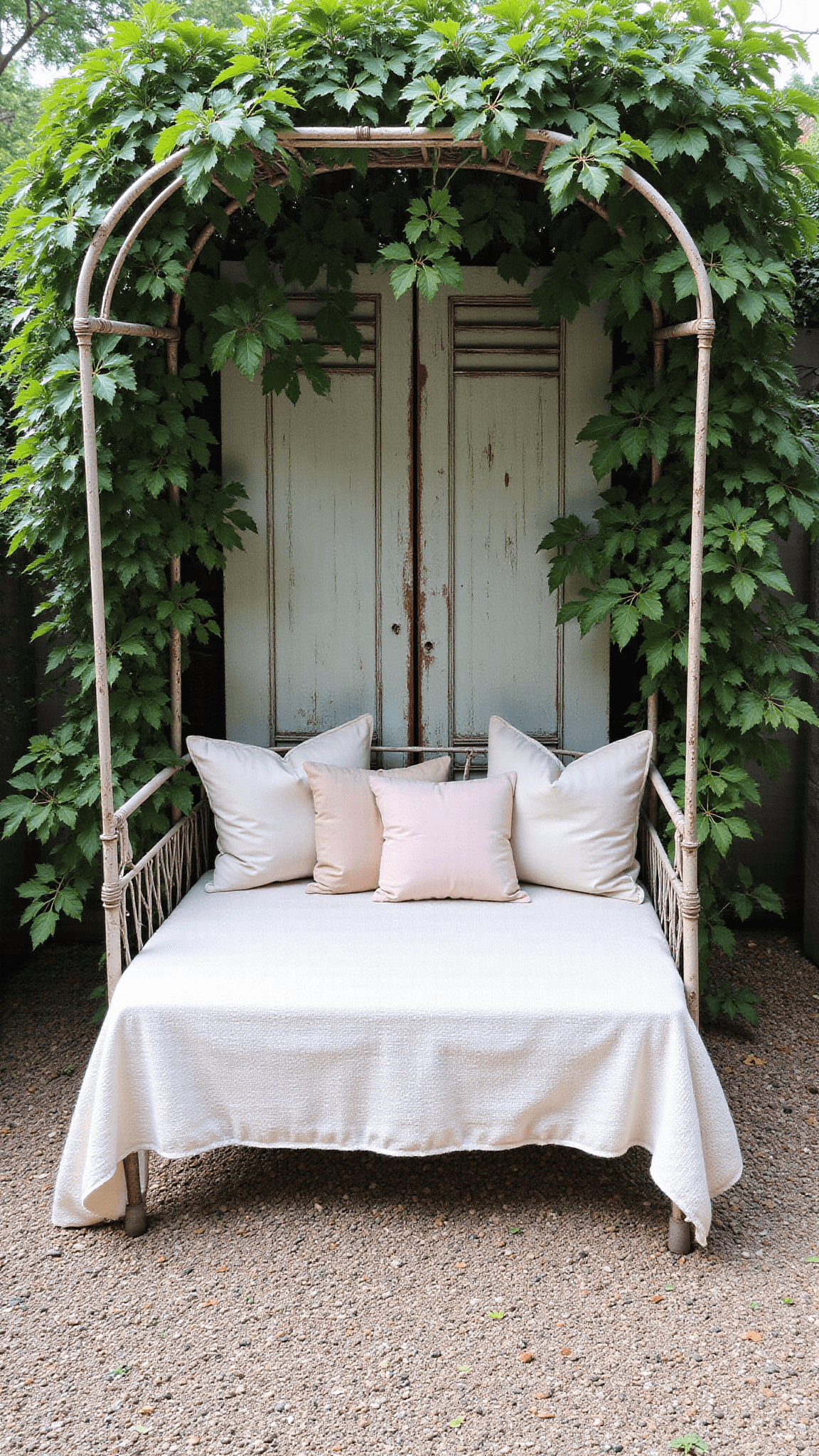 Midmorning view of a secret garden with vintage iron daybed, cream and blush linens, climbing roses on an antique trellis, and a romantic river rock and pea gravel floor.