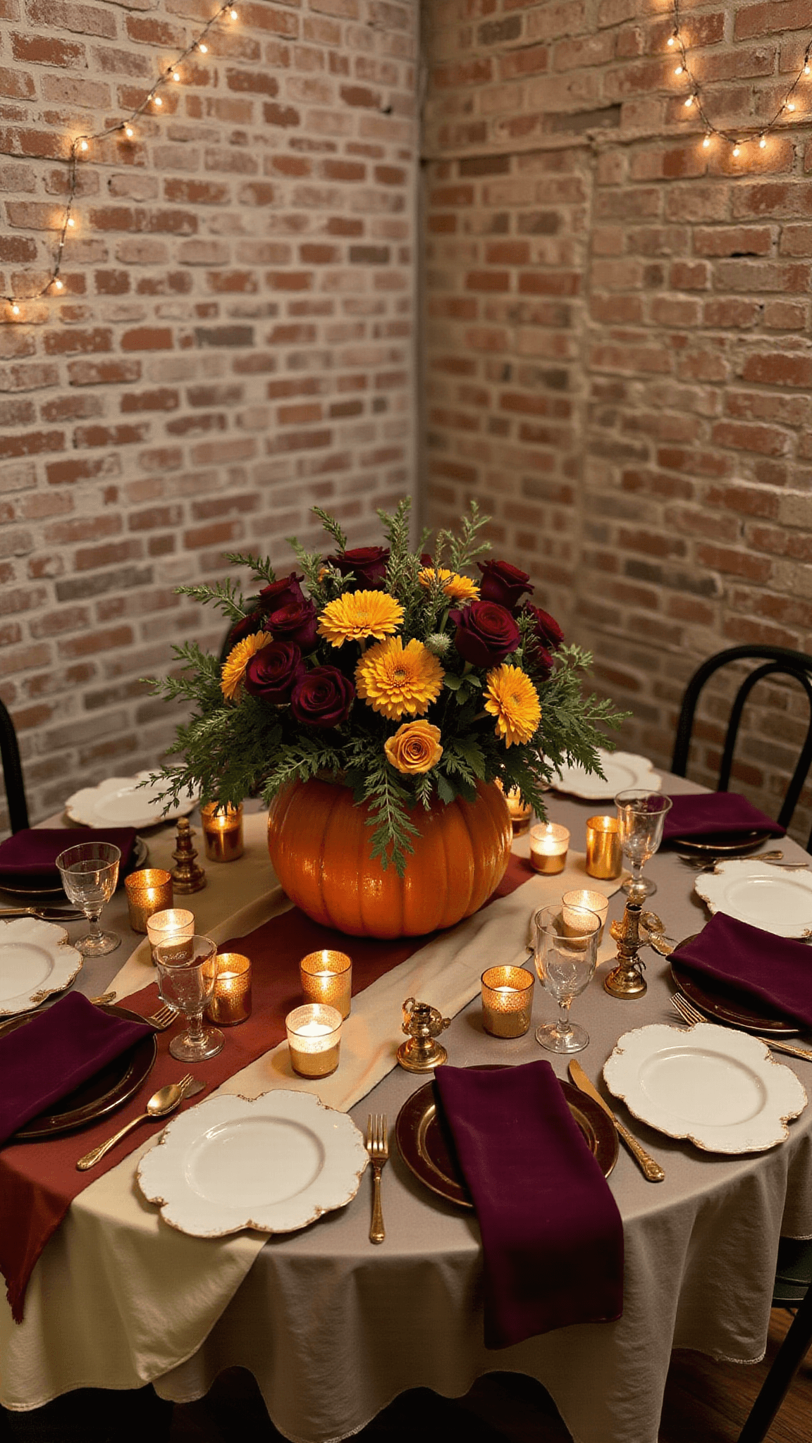 Intimate corner table setup with vintage pumpkin centerpiece, copper wire lights, tablecloth with silk runner, copper chargers, cream stoneware, and velvet napkins at blue hour.