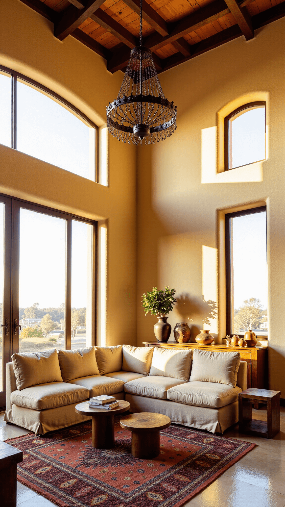 Mediterranean living room at golden hour with exposed wooden beams, large arched windows, oversized beige linen-upholstered sofa, olive wood side tables, vintage Kilim rug, wrought iron chandelier, and terra cotta pottery on distressed wood console