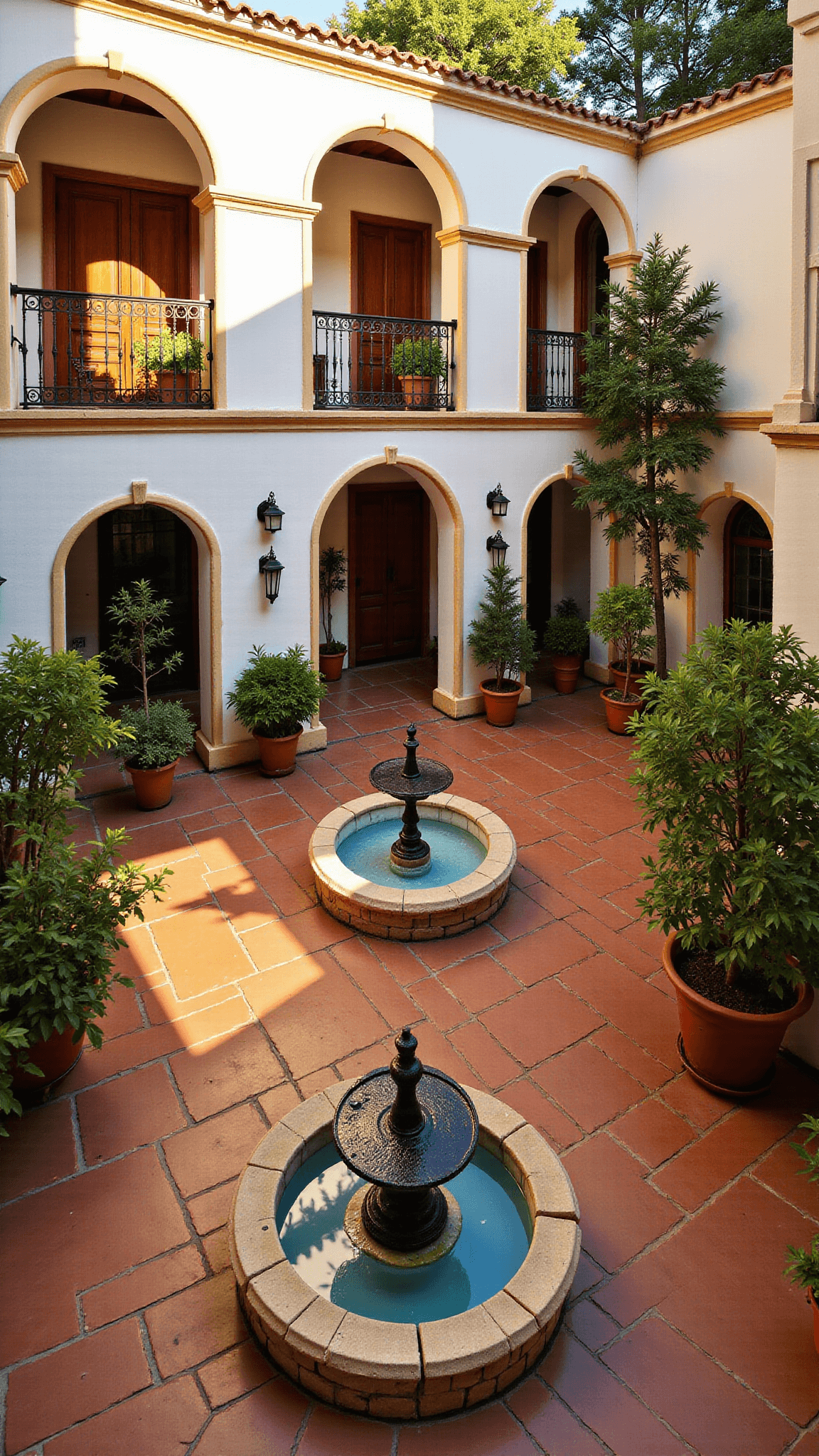 High angle view of a sunlit 30x40ft Spanish courtyard at golden hour, featuring a central fountain with wrought iron details, potted citrus trees, terra cotta tiles, and whitewashed stucco walls with blue and yellow tiles.