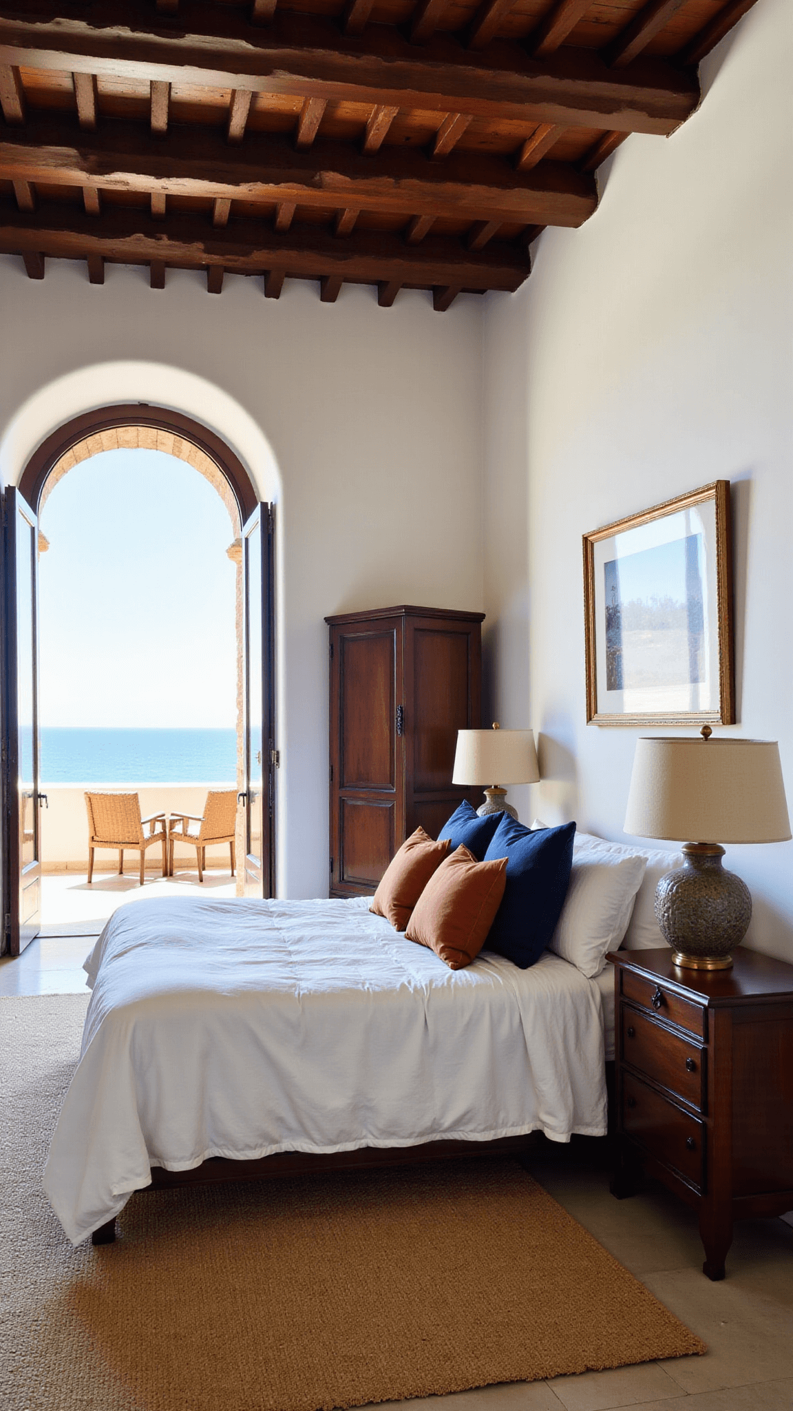 Master bedroom with Mediterranean sea views, white stucco walls, dark wood ceiling beams, king-sized bed with indigo and rust pillows, antique armoire, and morning light highlighting room's height.