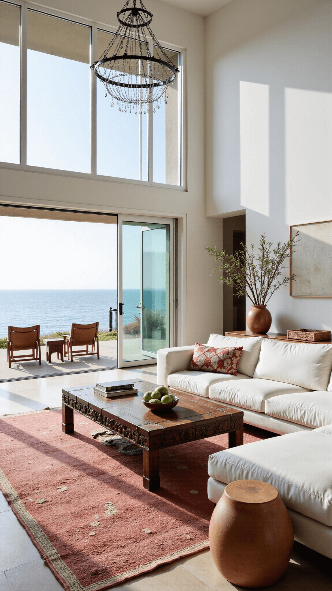 Expansive modern Mediterranean great room with 20ft ceiling, floor-to-ceiling windows showcasing ocean views, herringbone limestone floors, contemporary white sofas, carved wooden coffee table, vintage Moroccan rug, and a minimal wrought iron chandelier.