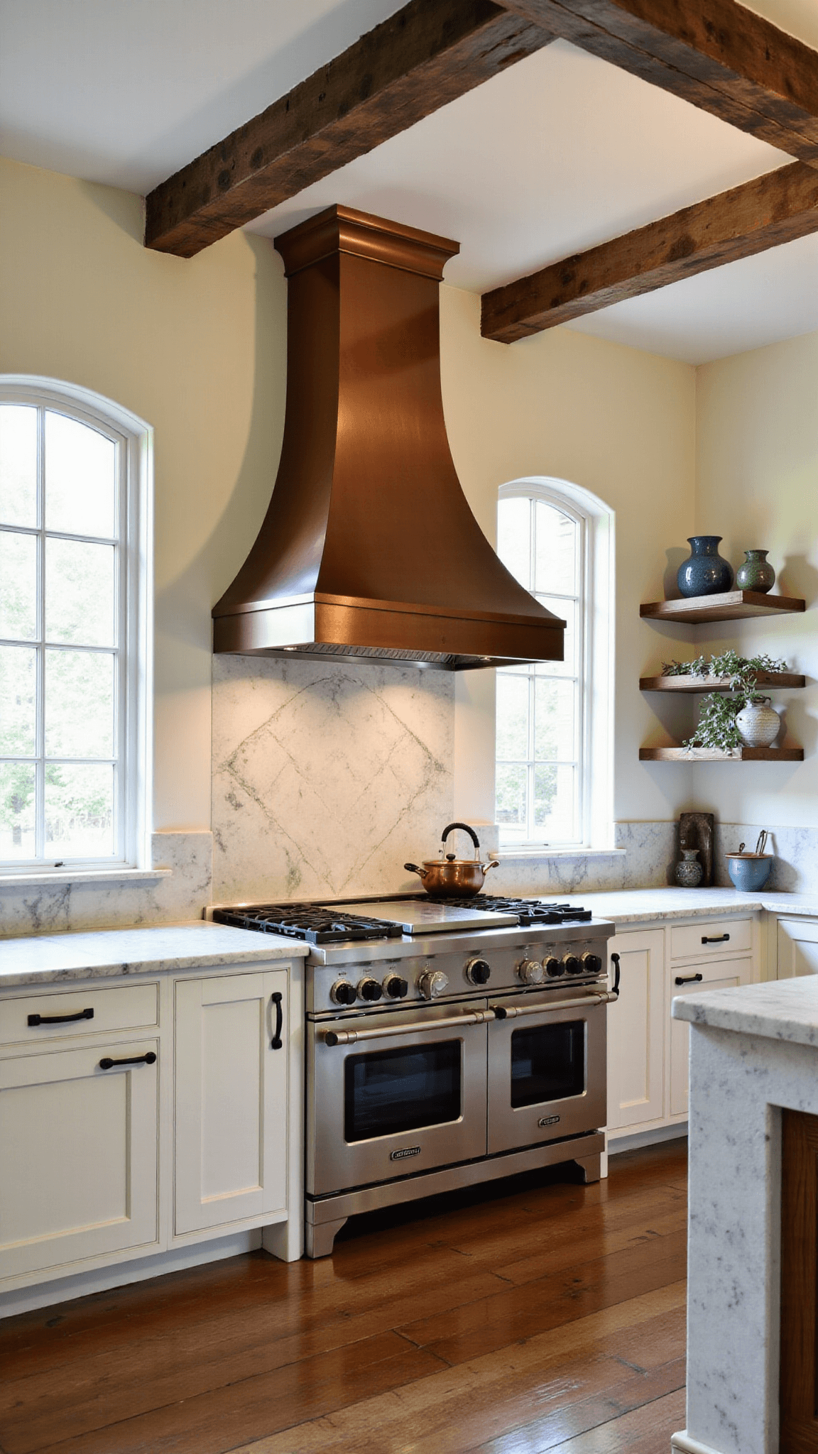 Elegant professional chef's kitchen in an Italian villa with cream Venetian plaster walls, custom copper hood, marble counters, open shelving with ceramics, hanging herbs and reclaimed wood beams in ceiling, bathed in morning light.