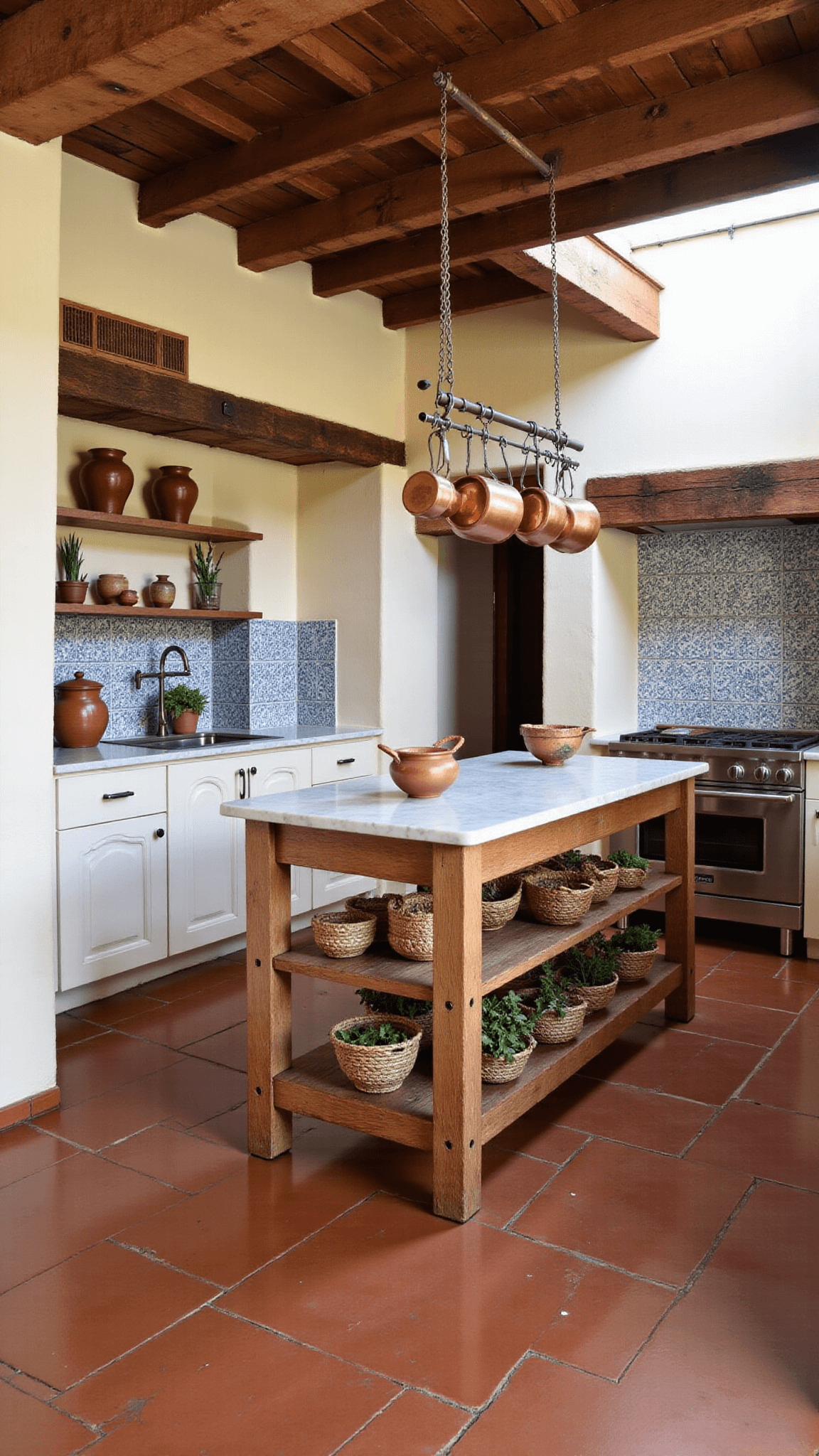 Warm, rustic Mediterranean kitchen with terracotta tile flooring, cream stucco walls, exposed wooden shelving, hanging copper pots, blue and white tiled backsplash, weathered wood island with thick marble top, and open shelves displaying woven baskets and clay pottery filled with herbs, lit by late afternoon sunlight filtering through skylight, captured with a wide-angle lens from a corner for depth and full scope.