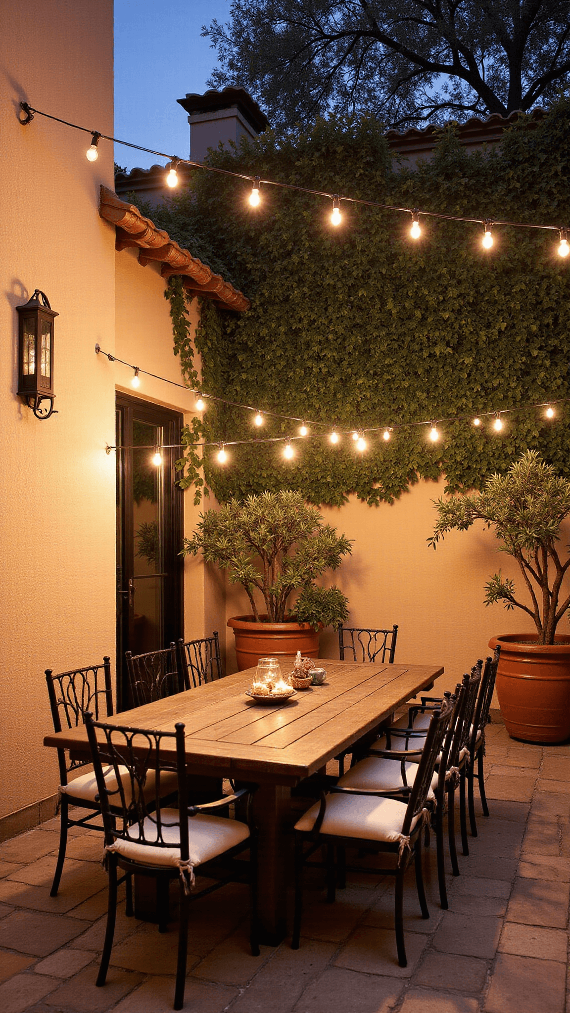 Romantic Mediterranean courtyard dining space at dusk with stone floor, wooden table, iron chairs with cream cushions, bougainvillea on stucco walls, overhead string lights, olive trees in terracotta planters, and wrought iron sconces.