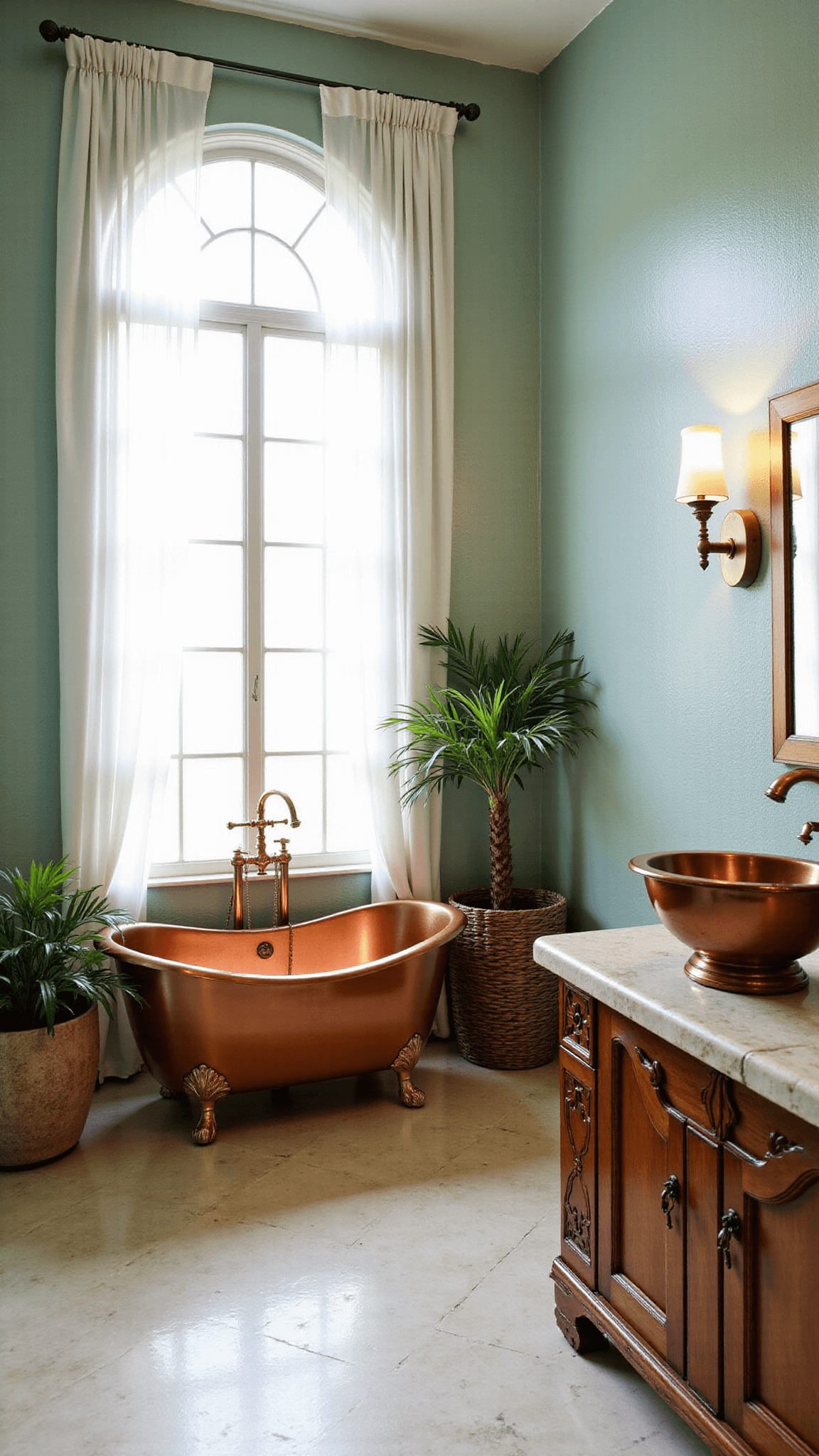 Mediterranean Revival master bathroom featuring a copper soaking tub, handmade sea glass-toned tiles, antique brass fixtures, and a carved stone vanity, bathed in natural afternoon light filtered by gauzy curtains.