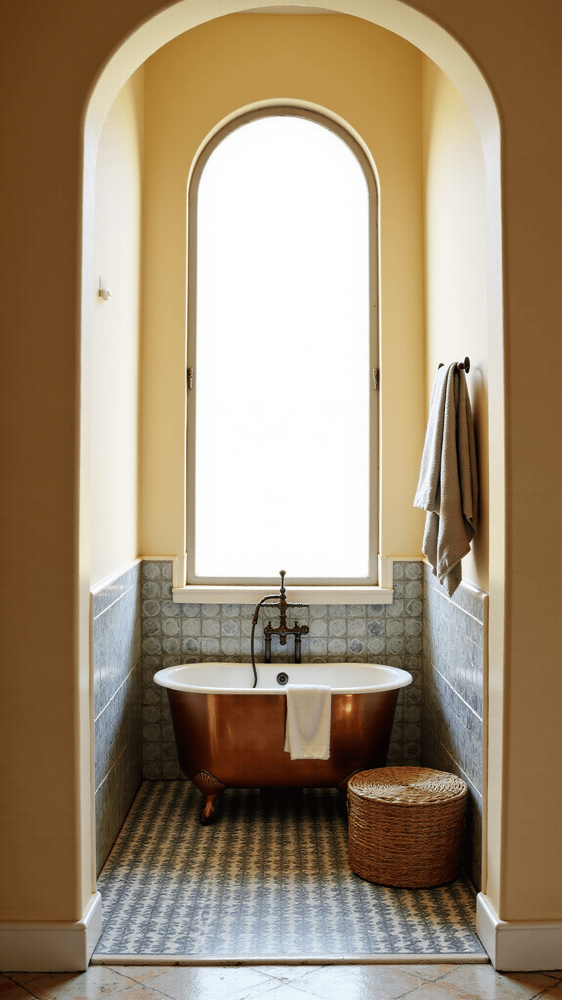 Mediterranean spa-inspired bathroom with frosted arched window, venetian plaster walls, copper soaking tub, patterned cement tiles, wrought iron towel rack, woven storage baskets and oil-rubbed bronze fixtures.