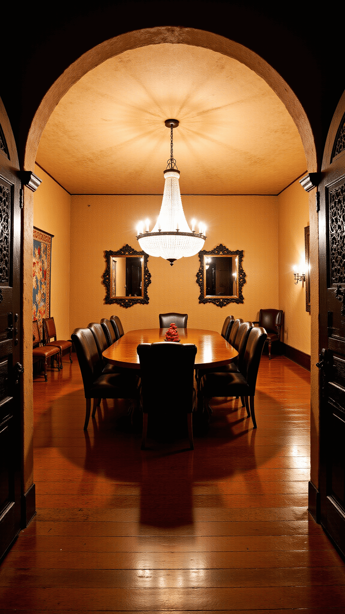 Spanish colonial style formal dining room with an iron-framed mirror, crystal chandelier, heavy wood table, leather-backed chairs, and vintage tapestry in rich jewel tones illuminated by candlelight.