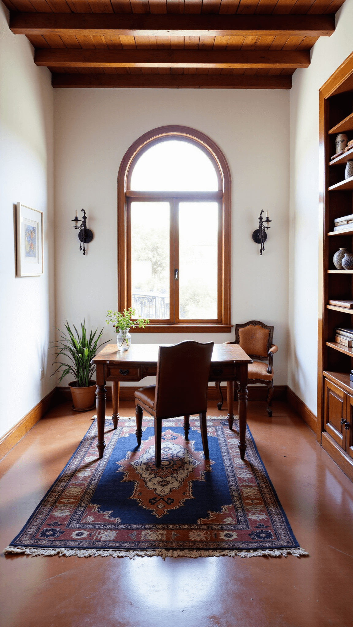 Bright mid-morning sunlight illuminating a Mediterranean home office with terracotta tiled floors, white stucco walls, and an exposed beam ceiling. The office features antique wooden desk positioned in front of an arched window overlooking a courtyard, vintage leather chair, handwoven rug in deep blues and rust, built-in bookshelves full of books with ceramic accents, and wrought iron wall sconces.