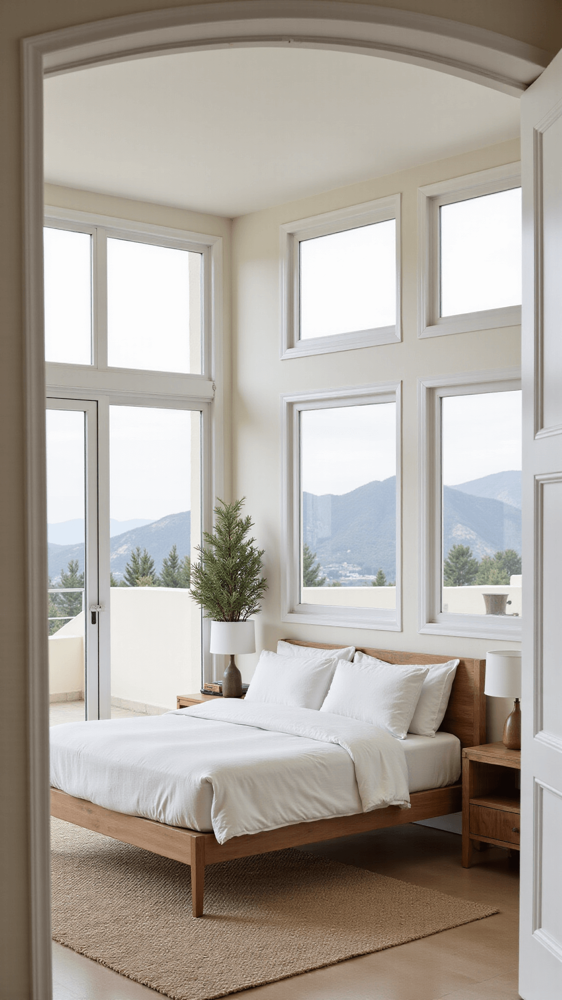 Modern Mediterranean bedroom with high ceilings, floor-to-ceiling windows showcasing mountain views, a platform bed with warm white linen, olive wood side tables, grey handwoven area rug, and a potted olive tree in natural morning light.