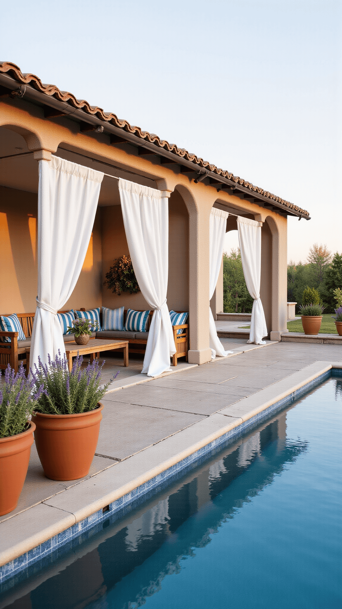 Mediterranean outdoor living space with a covered loggia, infinity pool, white canvas drapes, built-in banquette with blue and white striped cushions, teak furniture and terracotta planters filled with lavender and rosemary during the golden hour